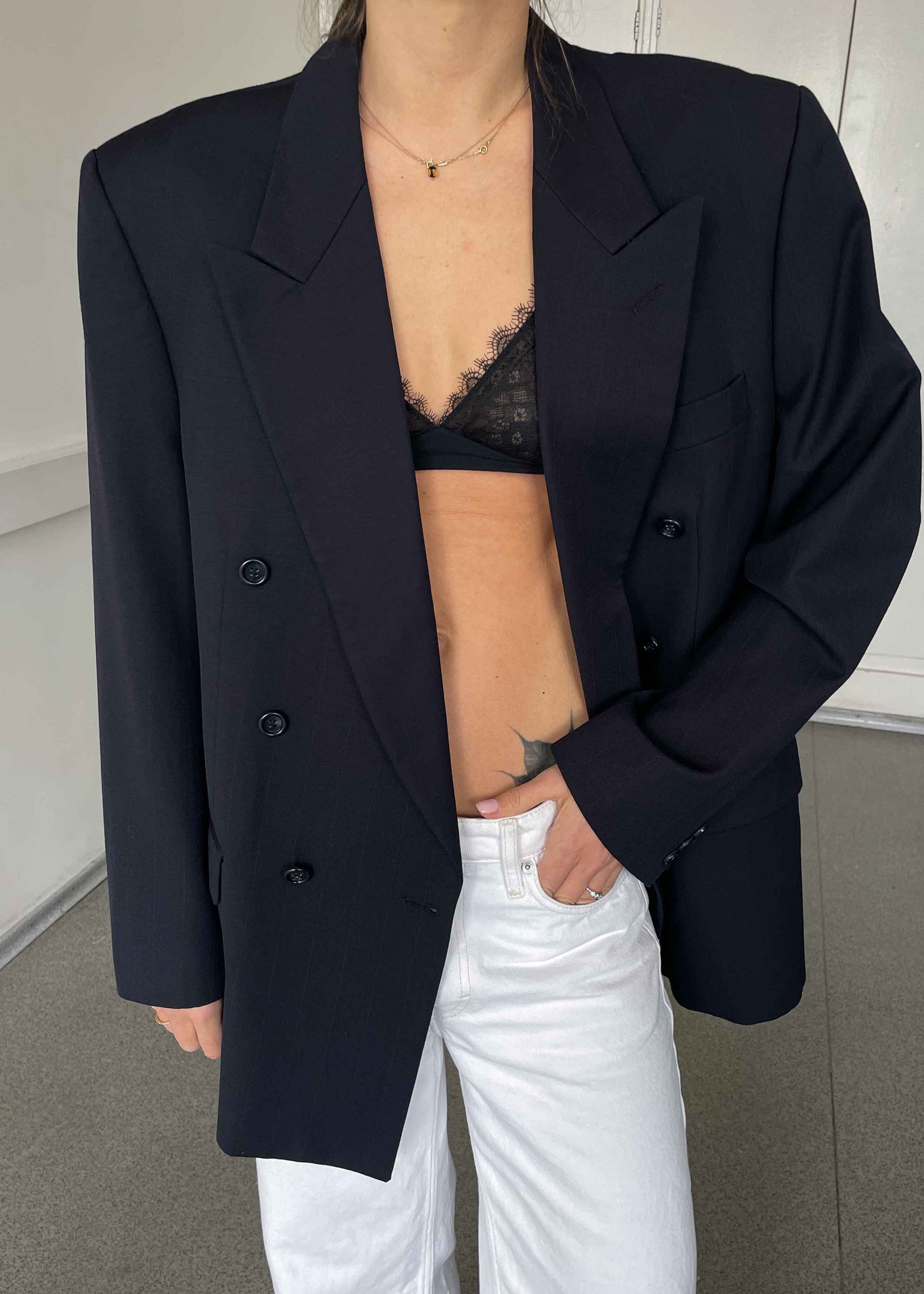 Vintage Dark Blue Striped Oversized Double Breasted Blazer by TURO