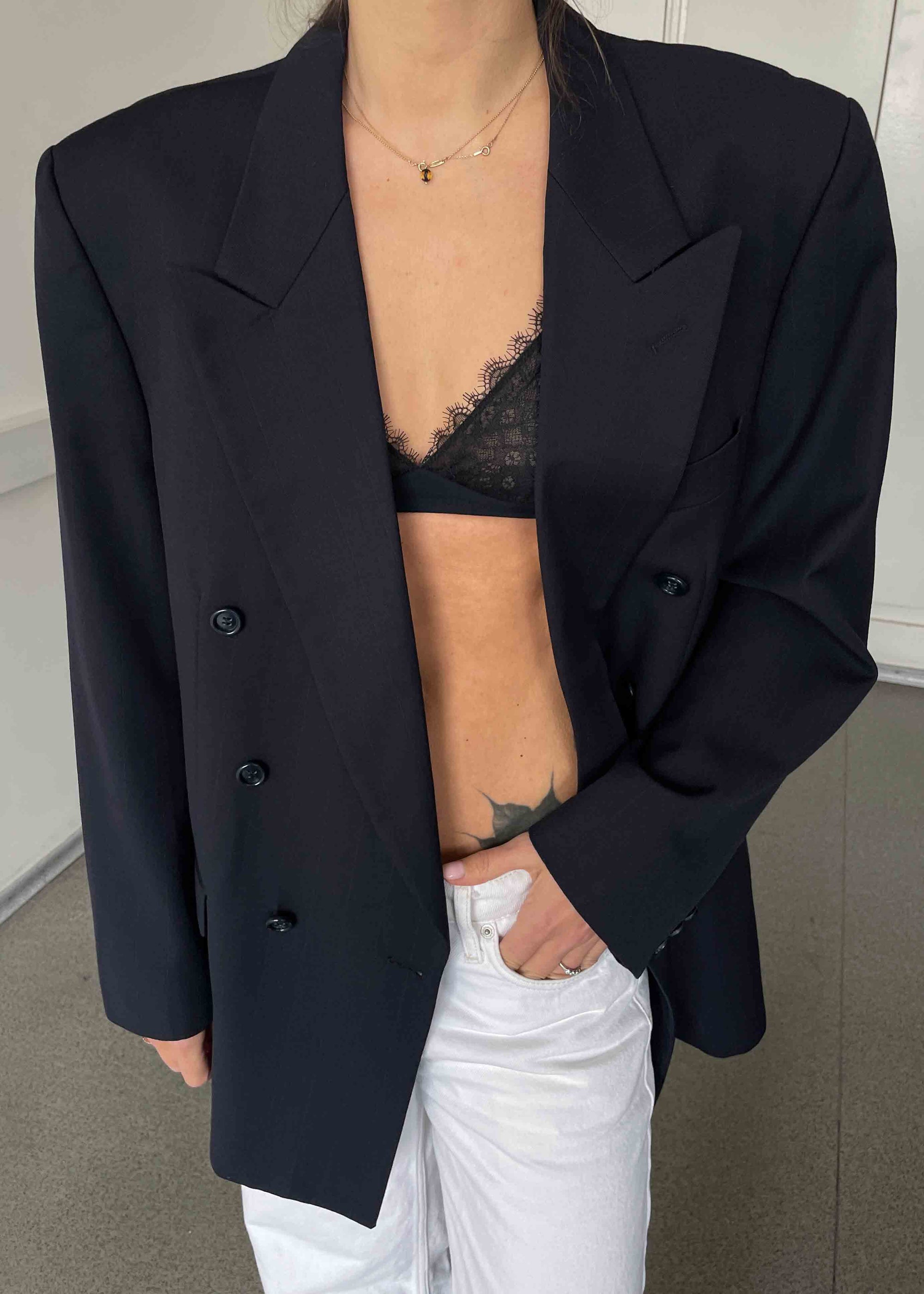Vintage Dark Blue Striped Oversized Double Breasted Blazer by TURO