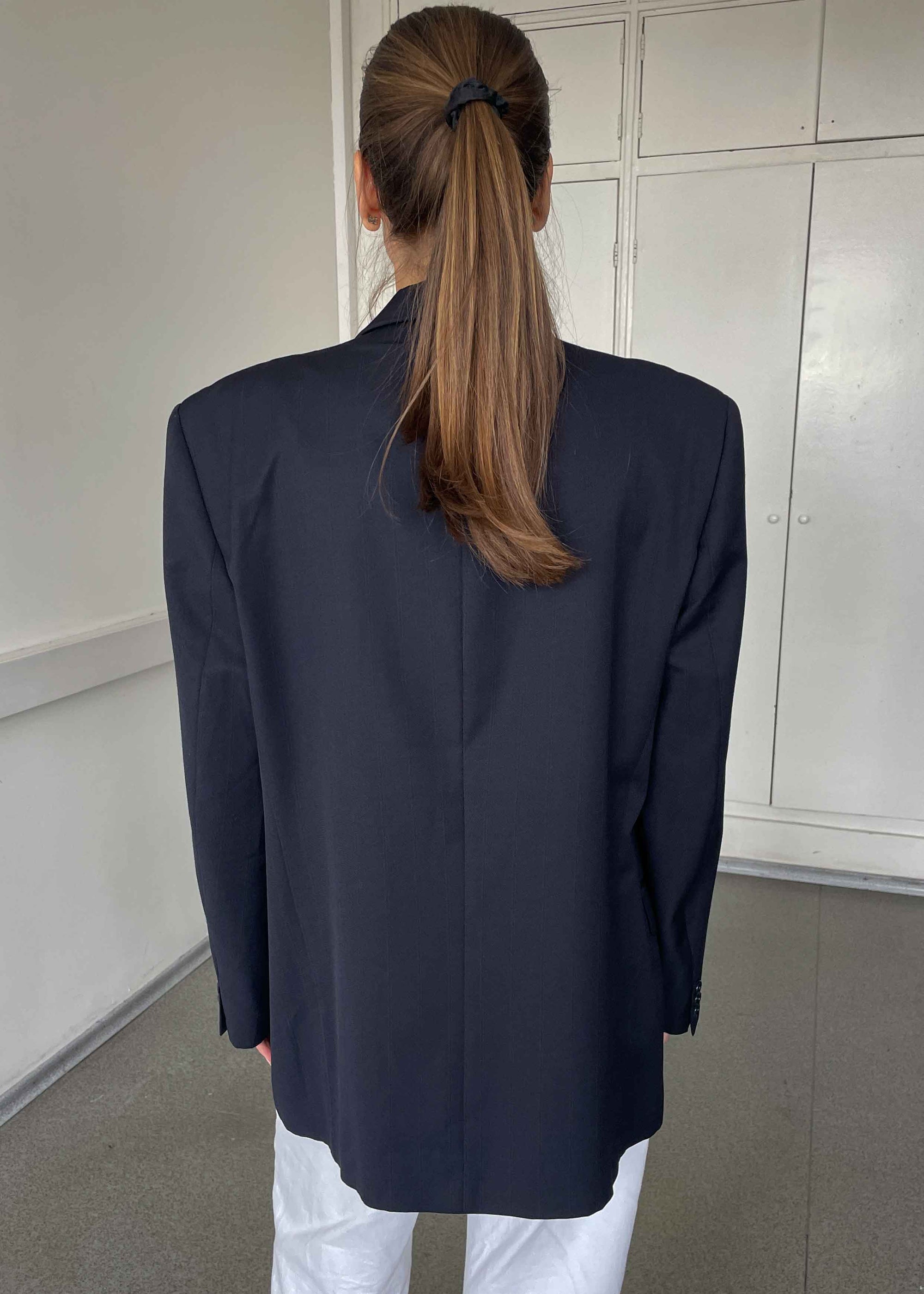 Vintage Dark Blue Striped Oversized Double Breasted Blazer by TURO