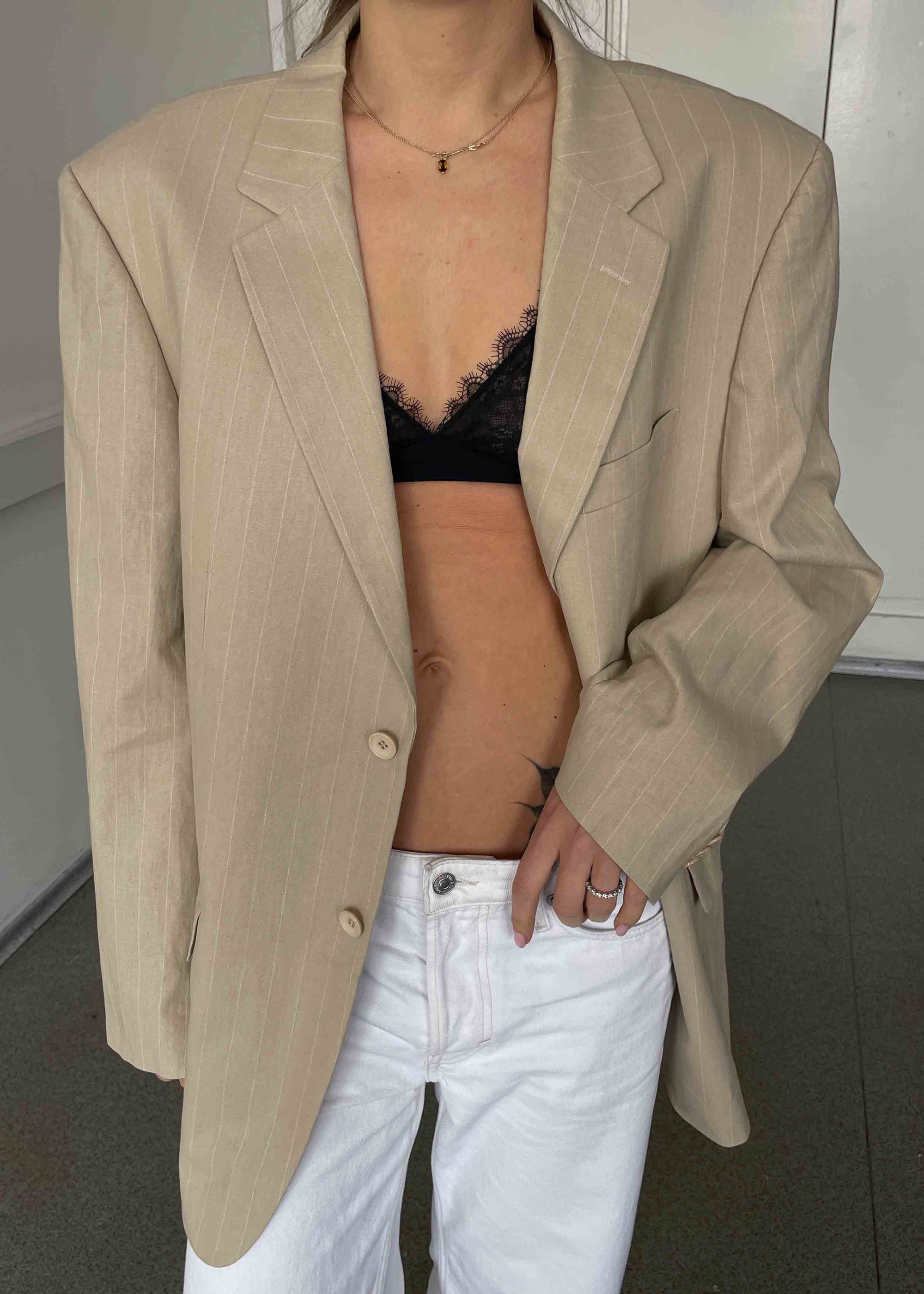 Vintage Beige Stripped Oversized Linen Blazer