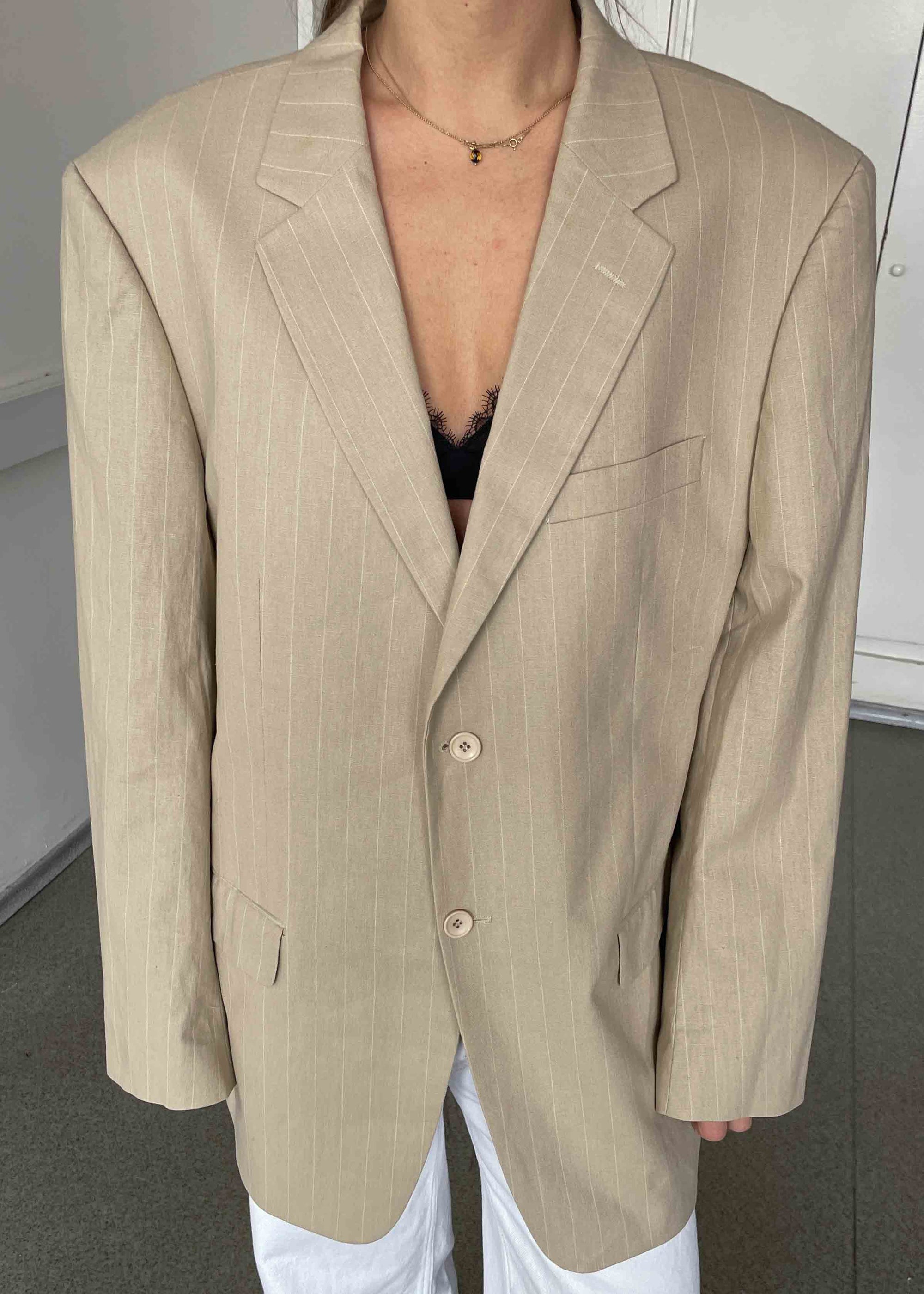 Vintage Beige Stripped Oversized Linen Blazer