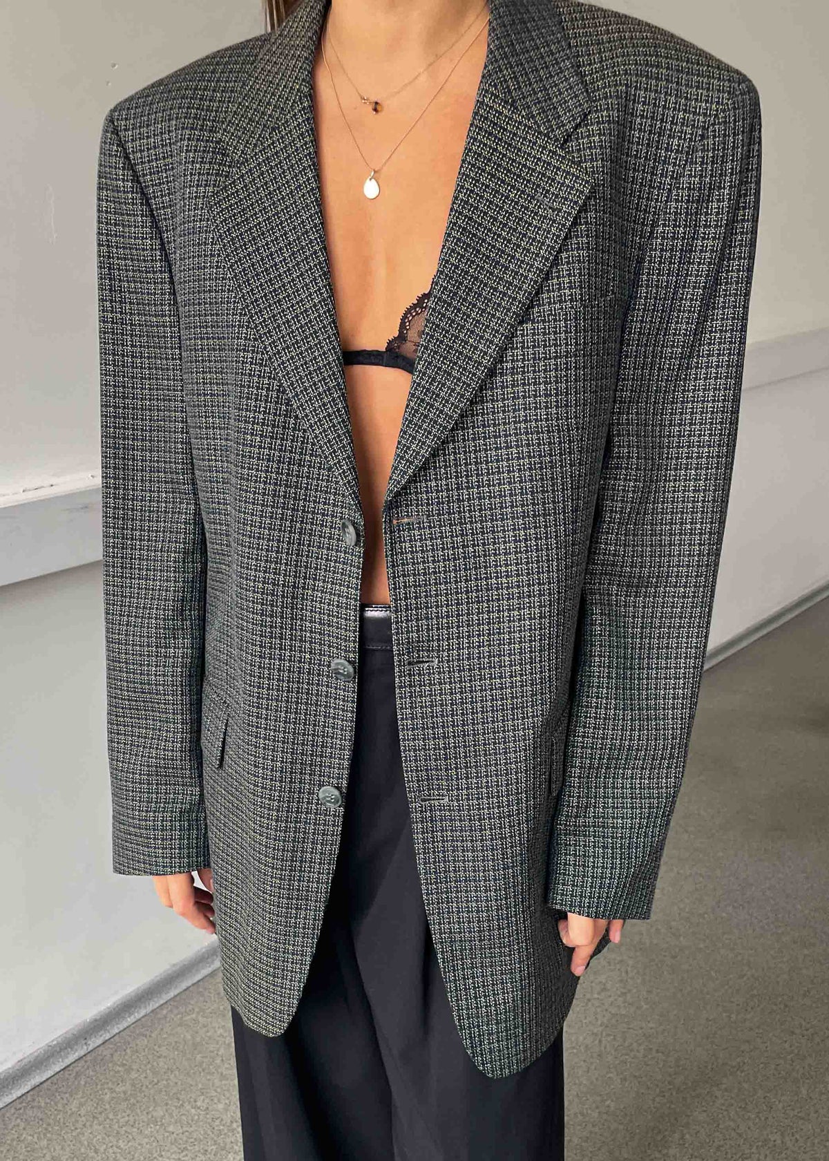 Vintage Navy Blue Checked Oversized Blazer