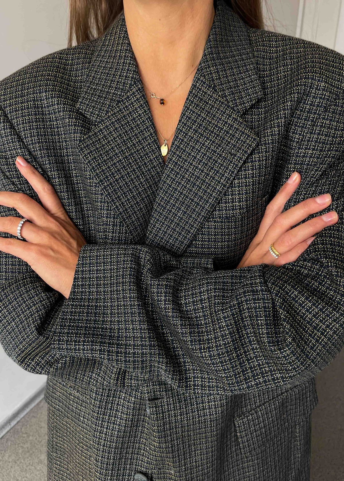 Vintage Navy Blue Checked Oversized Blazer