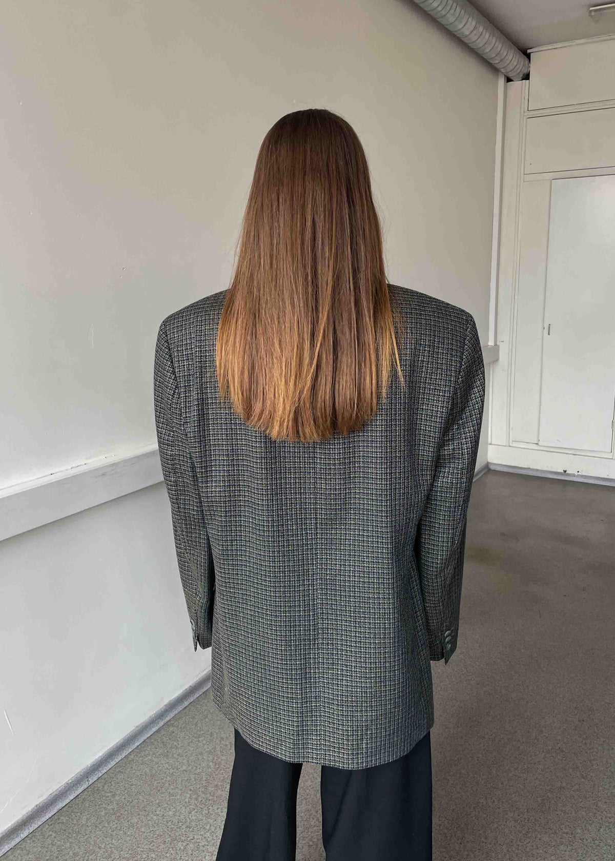 Vintage Navy Blue Checked Oversized Blazer