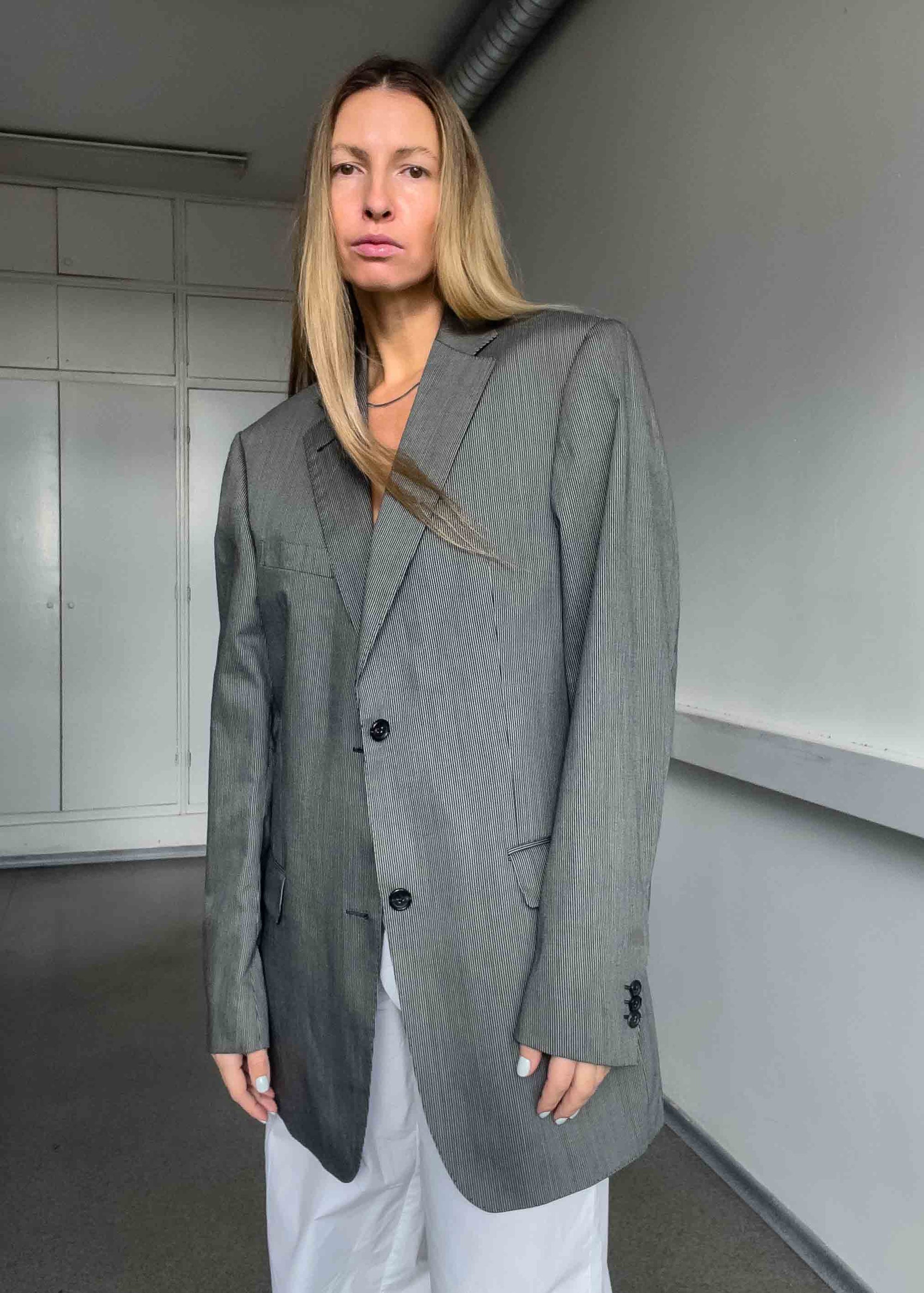 Vintage Black & Grey Striped Oversized Blazer