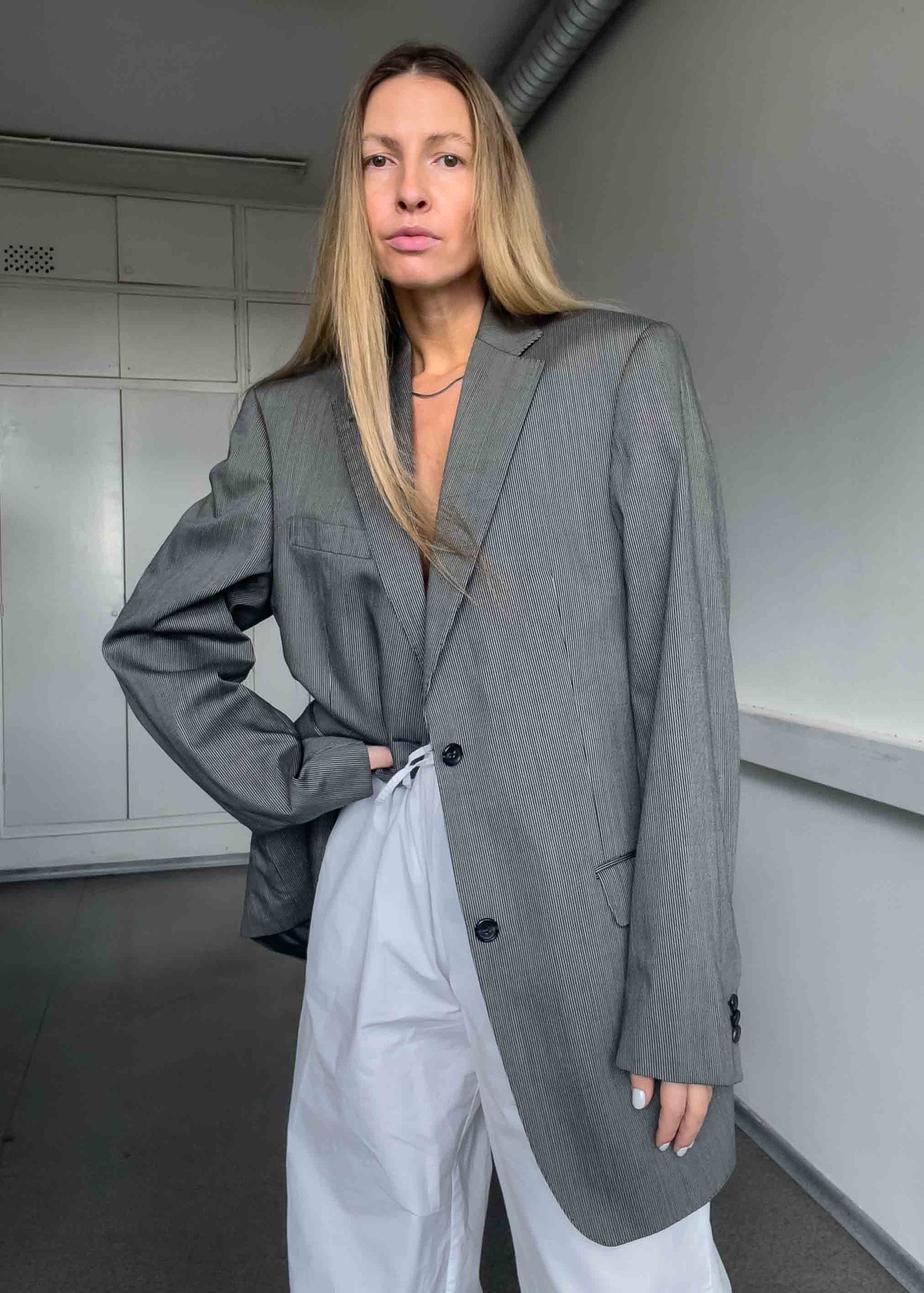 Vintage Black & Grey Striped Oversized Blazer