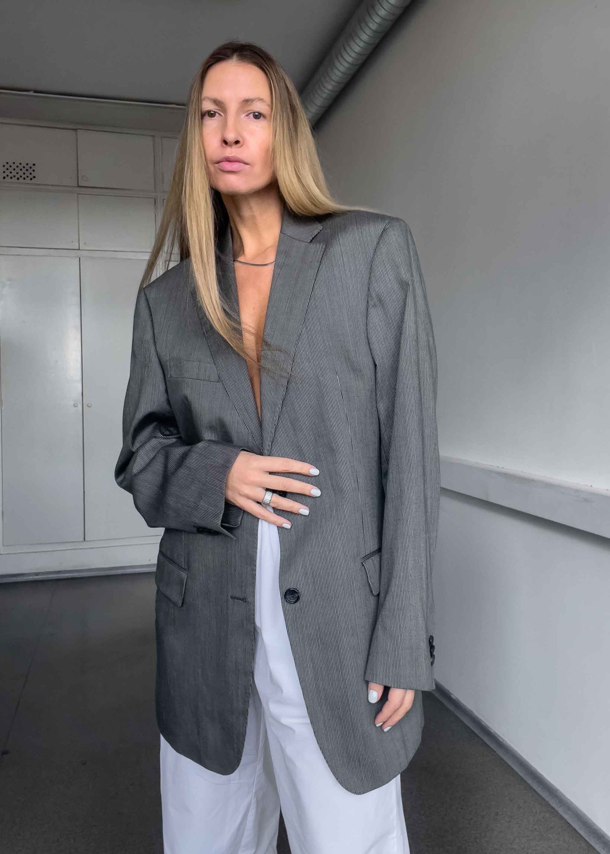 Vintage Black & Grey Striped Oversized Blazer