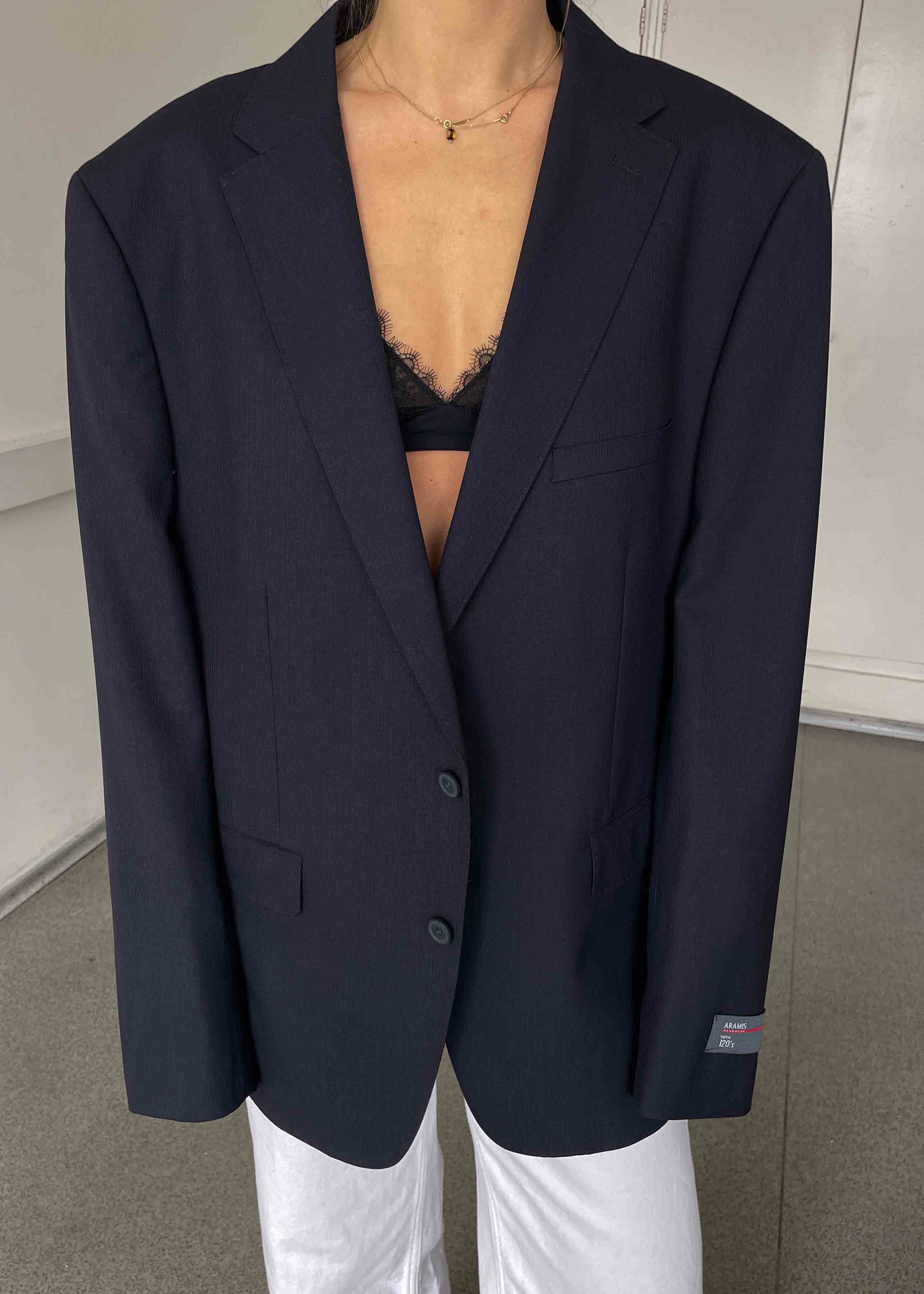 Vintage Dark Blue Striped Oversized 100% WOOL Blazer