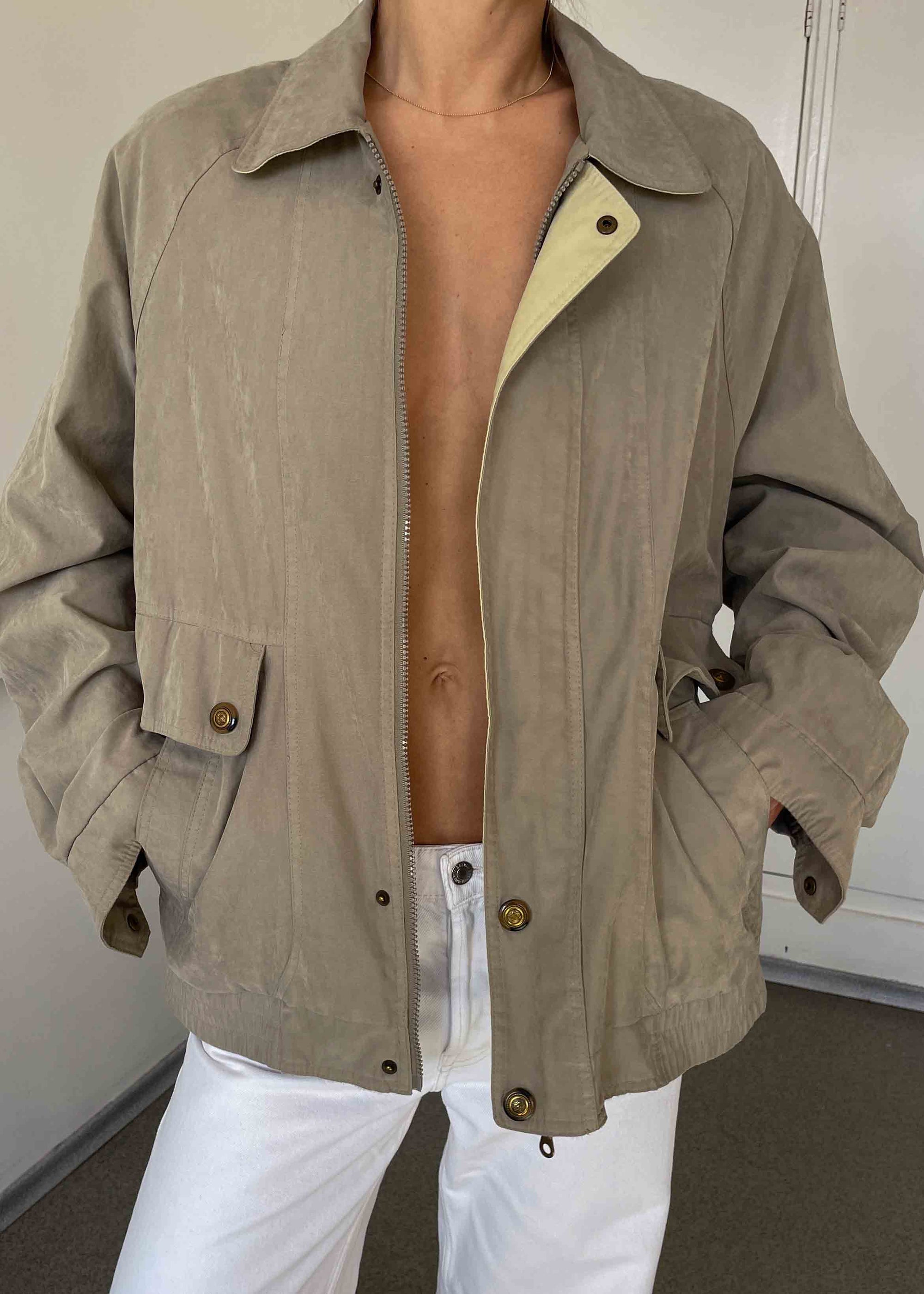 Vintage Grey-Khaki Textured Bomber Jacket – Zip & Buttons