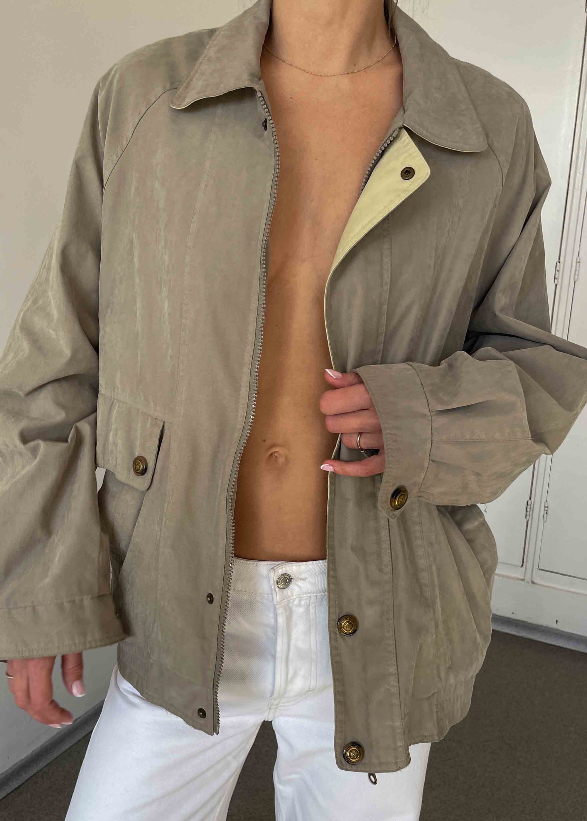 Vintage Grey-Khaki Textured Bomber Jacket – Zip & Buttons