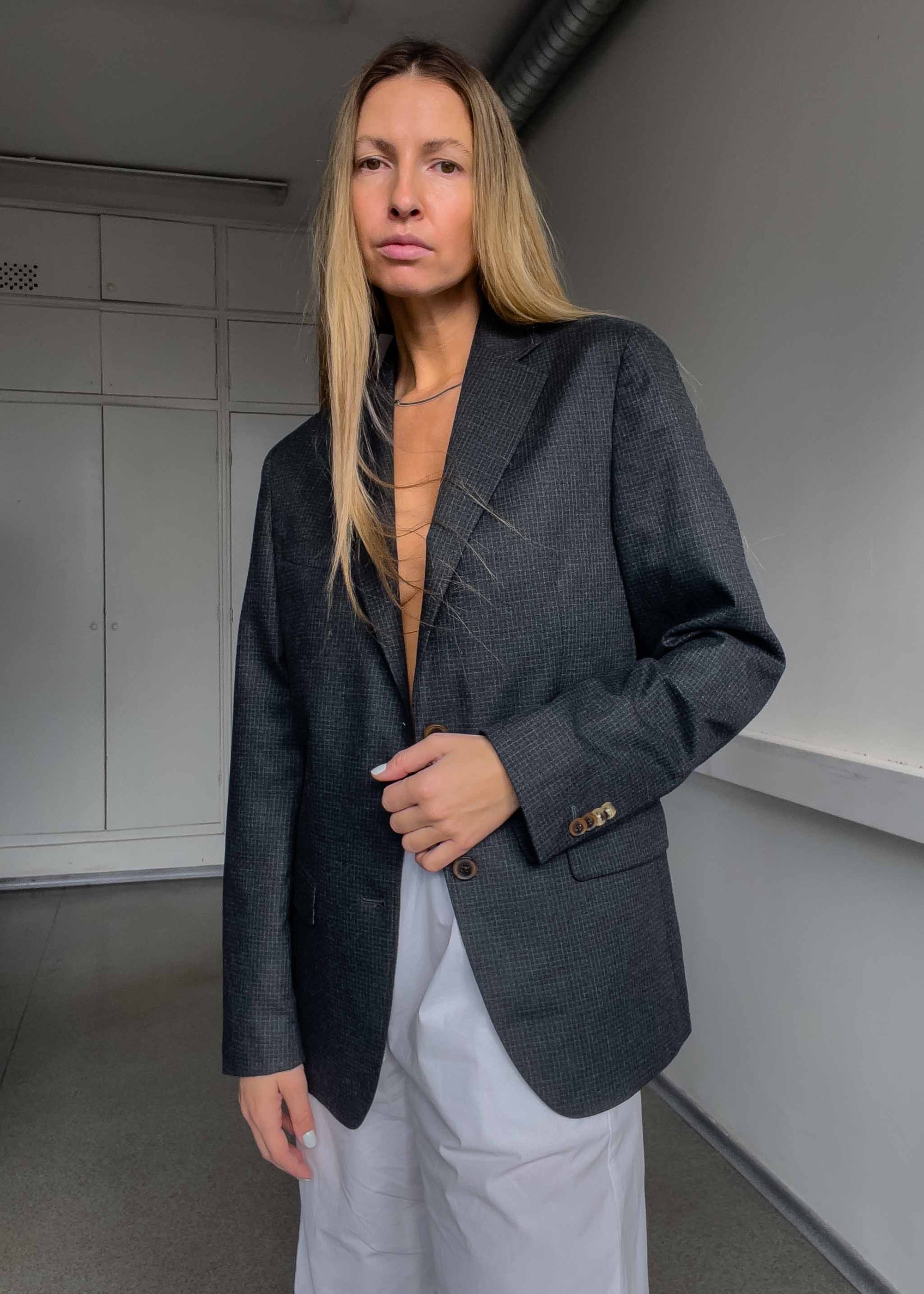 Vintage Dark Grey Checked Small Fit Blazer