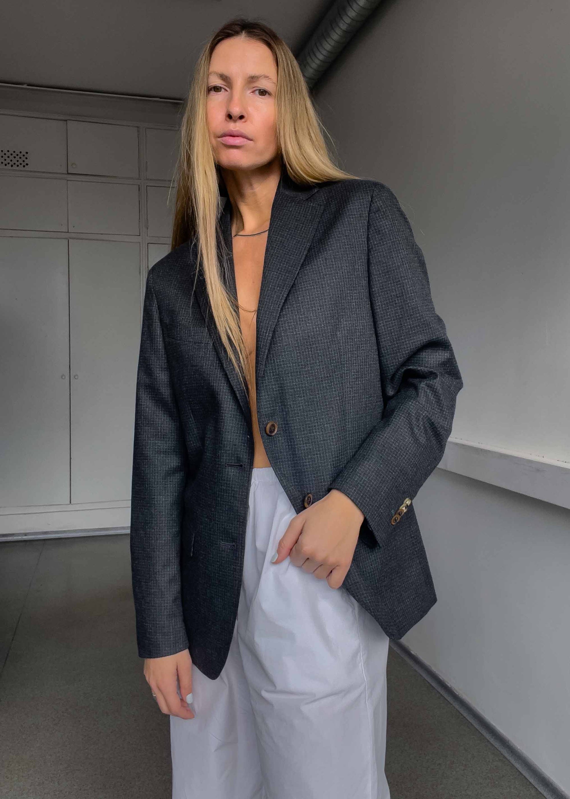 Vintage Dark Grey Checked Small Fit Blazer