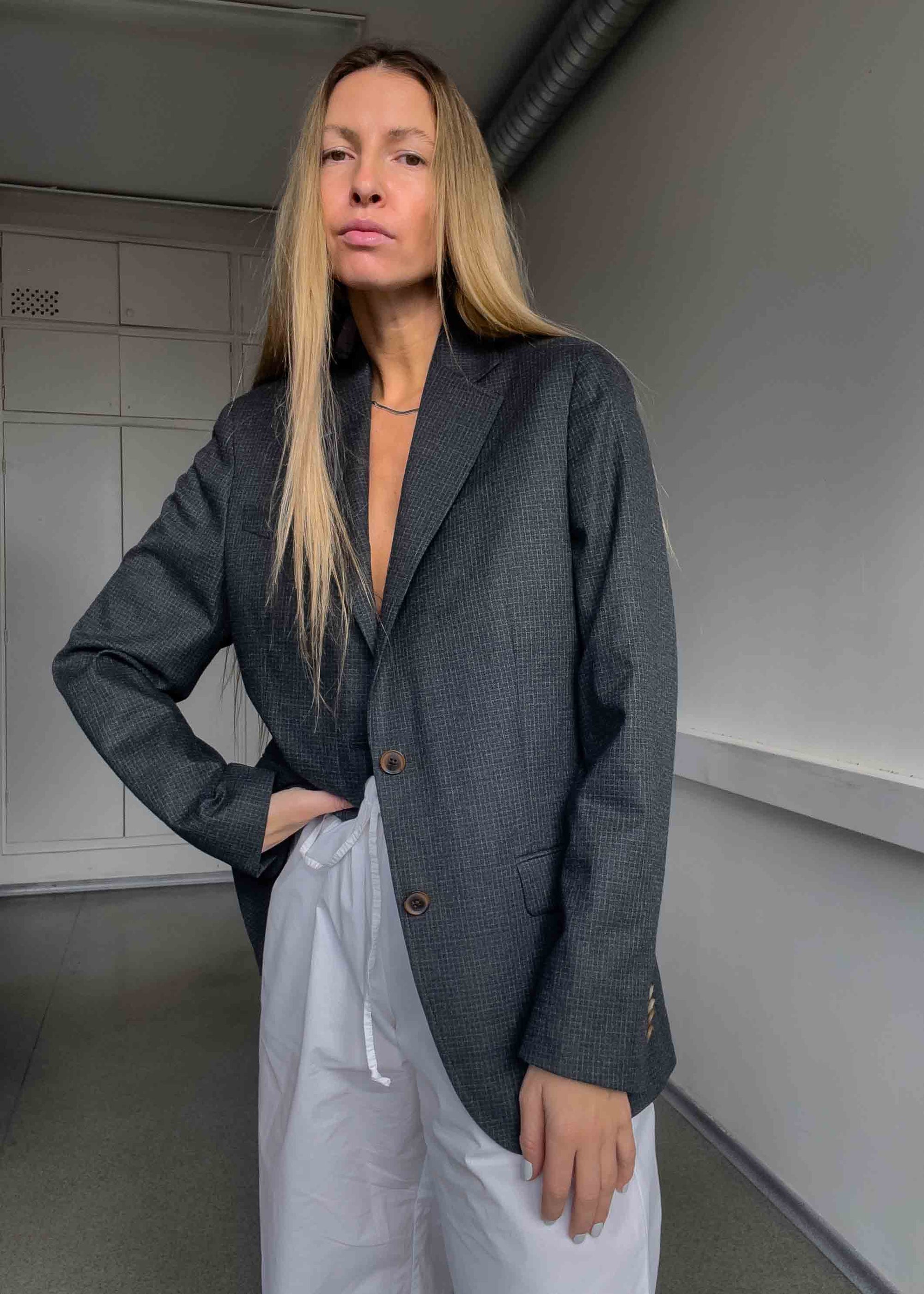 Vintage Dark Grey Checked Small Fit Blazer