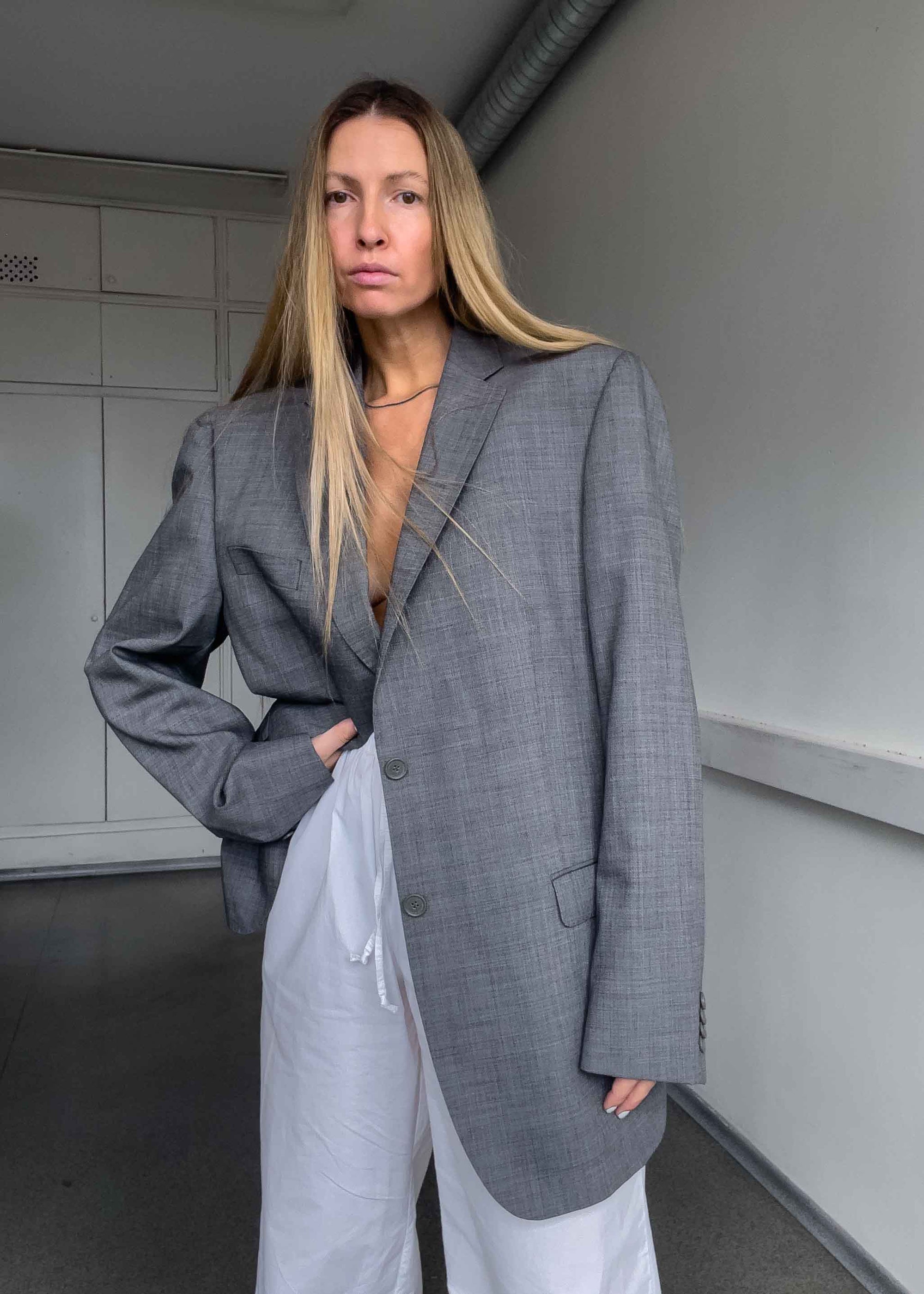 Vintage Light Grey Oversized 100% WOOL Blazer