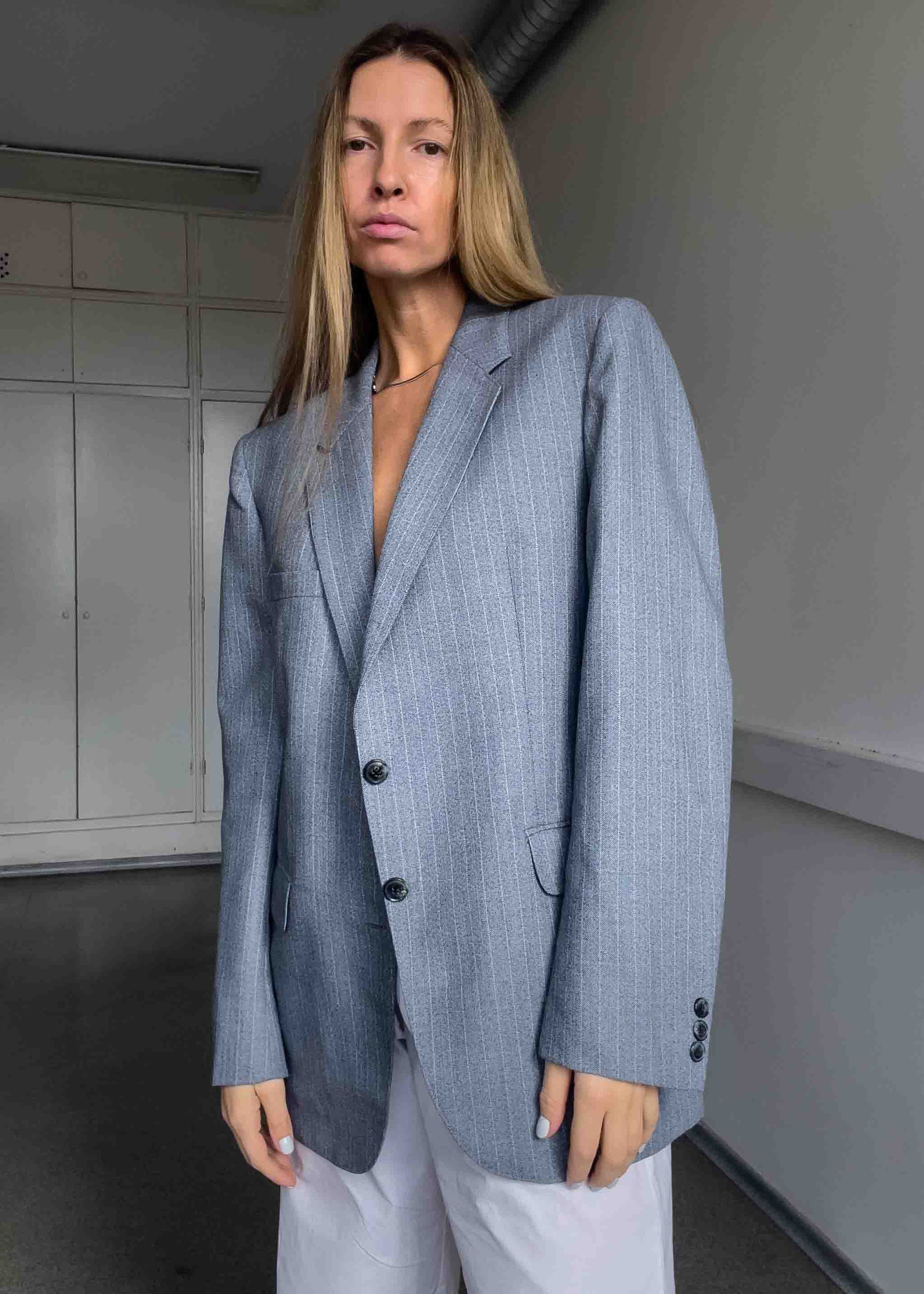 Vintage Striped Oversized Blazer In Grey & Blue Tones
