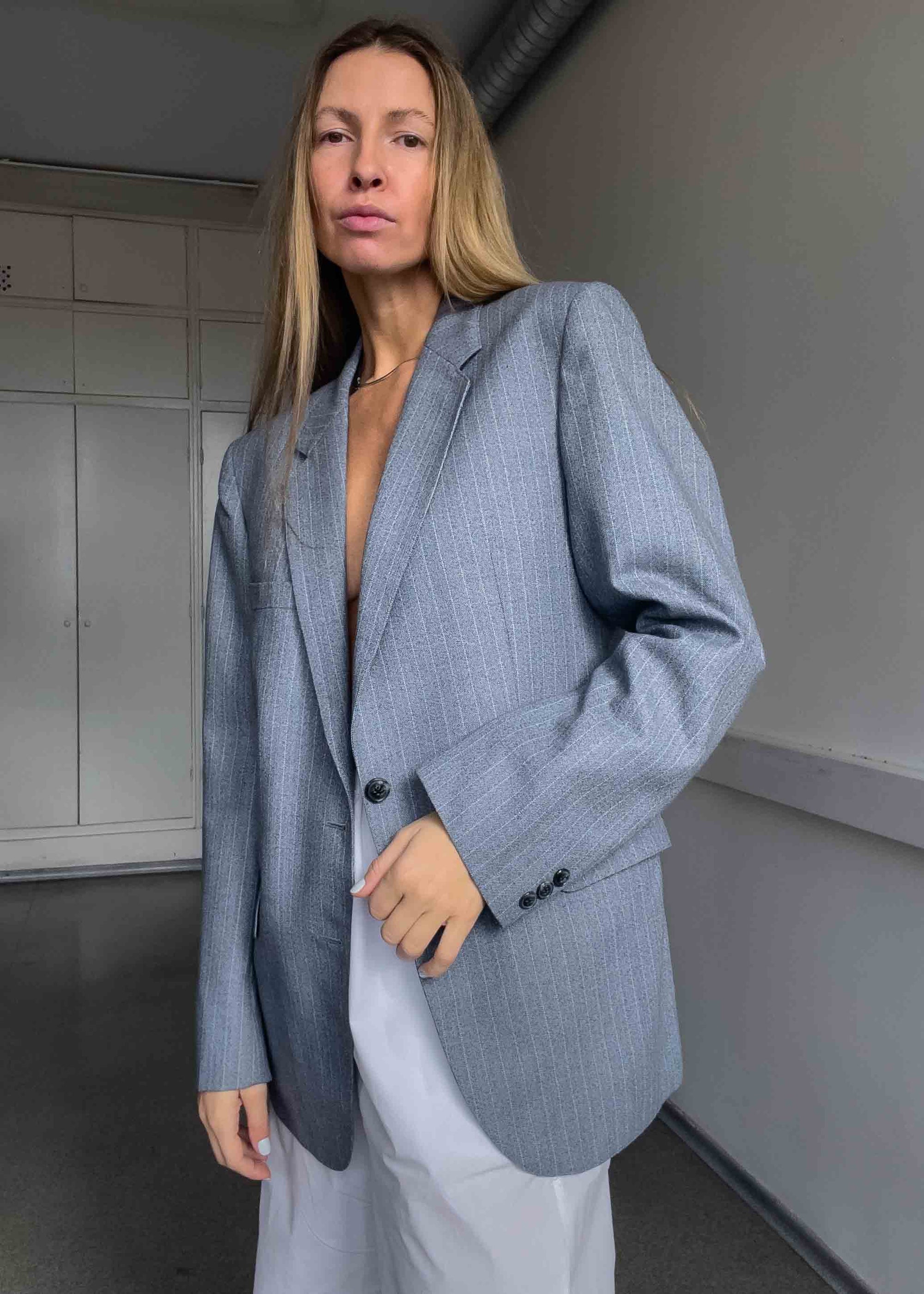 Vintage Striped Oversized Blazer In Grey & Blue Tones