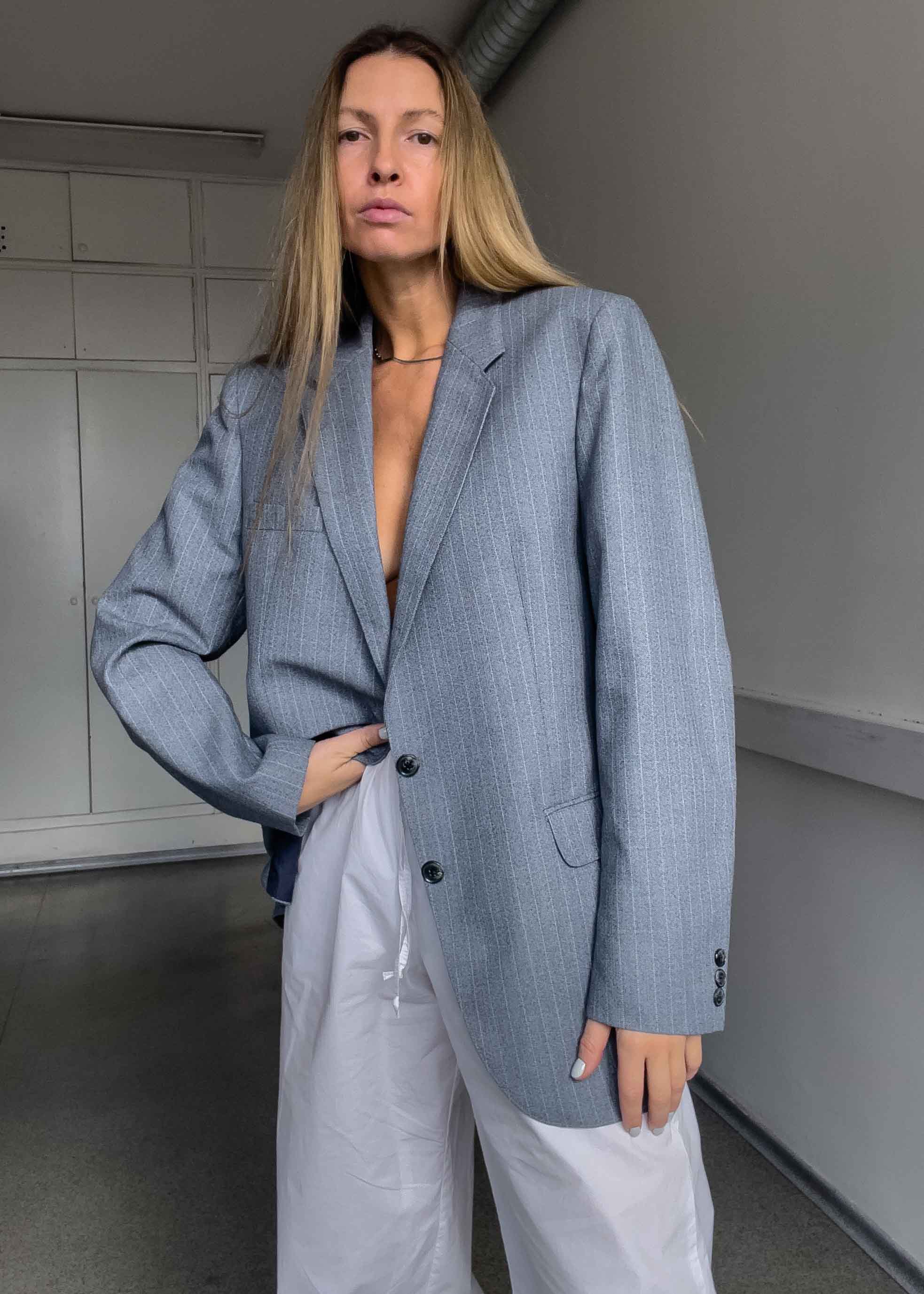 Vintage Striped Oversized Blazer In Grey & Blue Tones