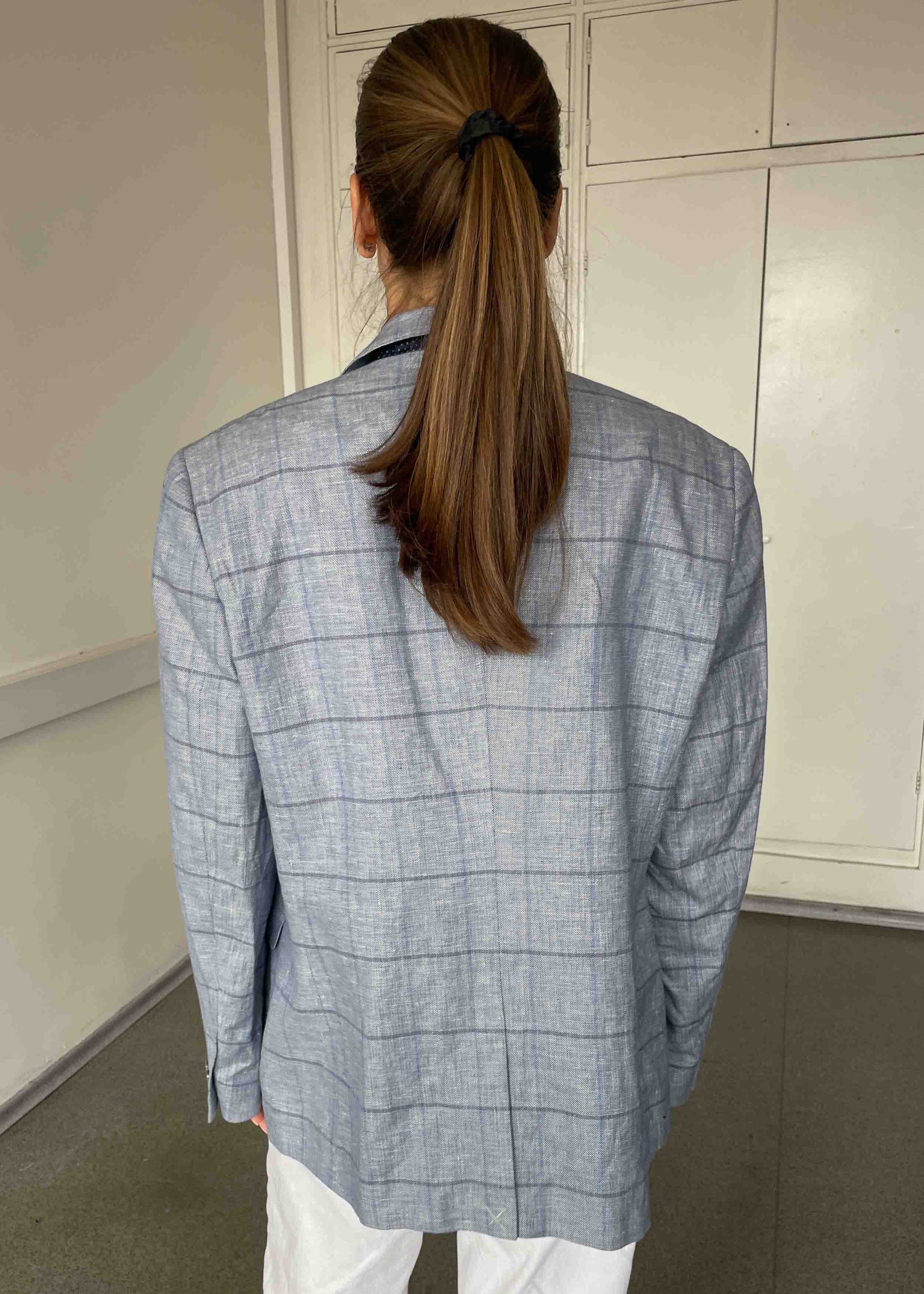 Vintage Light Blue Patterned Oversized Linen Blazer