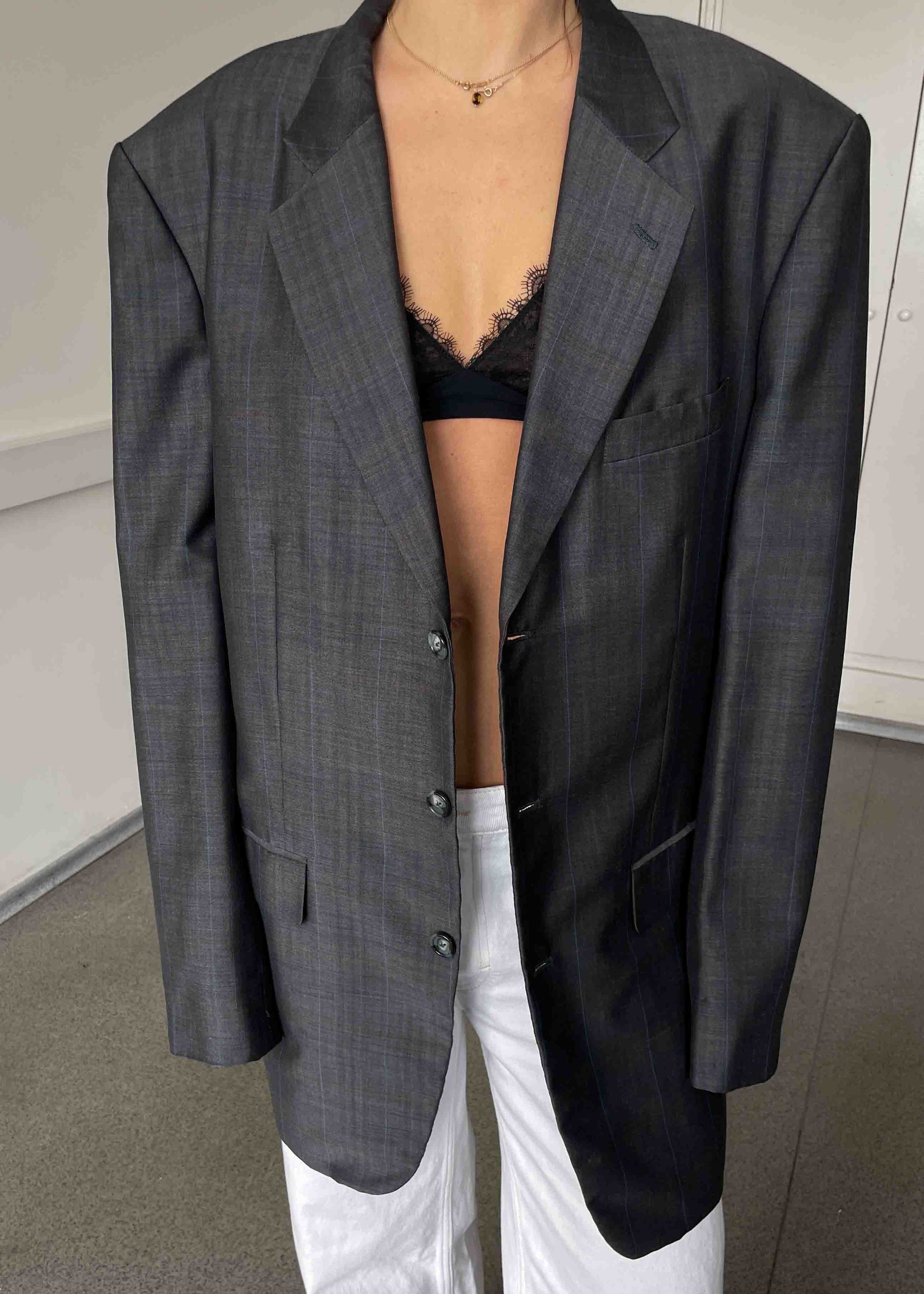 Vintage Grey Patterned Shiny Finish Oversized Blazer