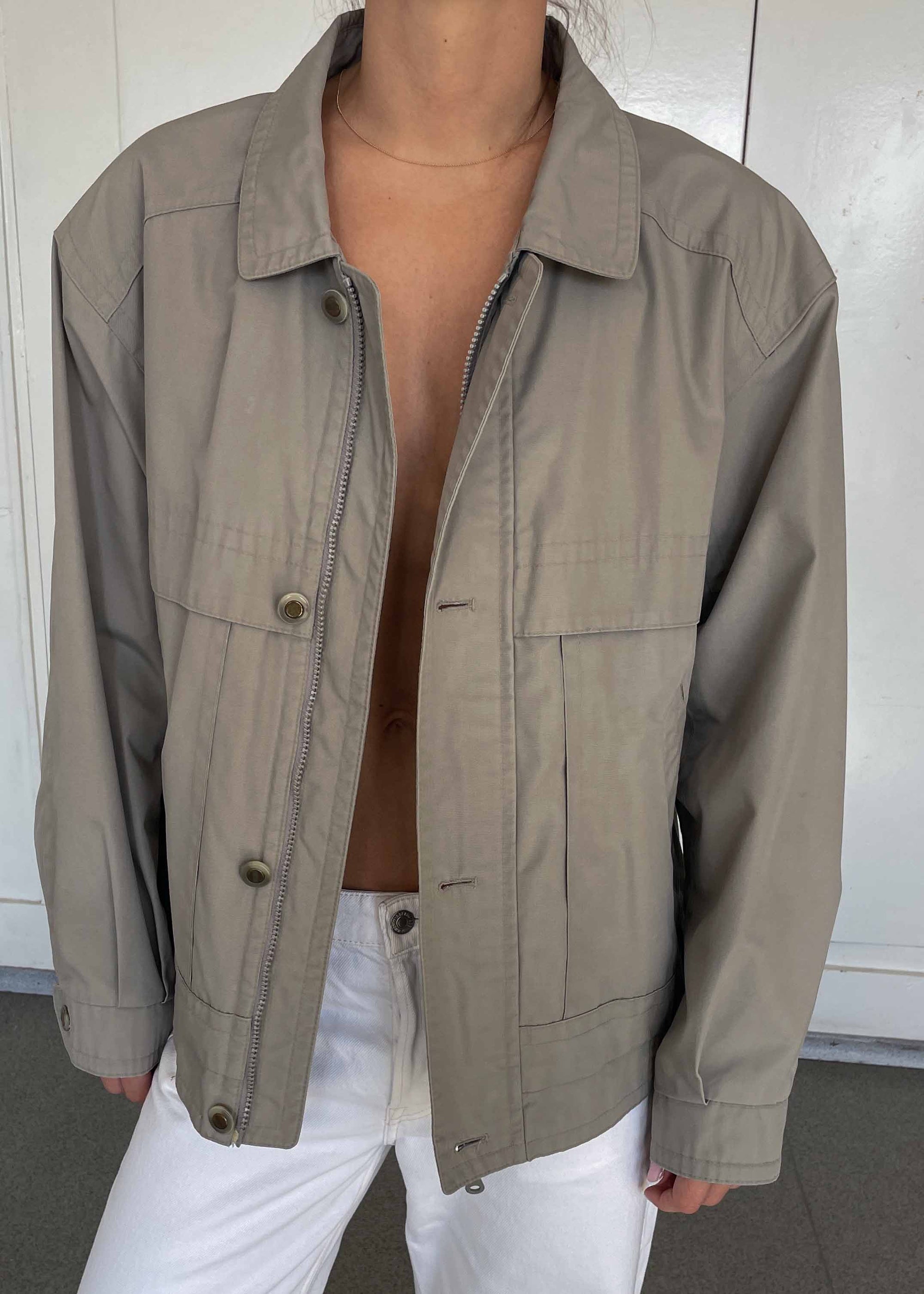 Vintage Grey Bomber Jacket – Zip & Buttons with Checkered Lining