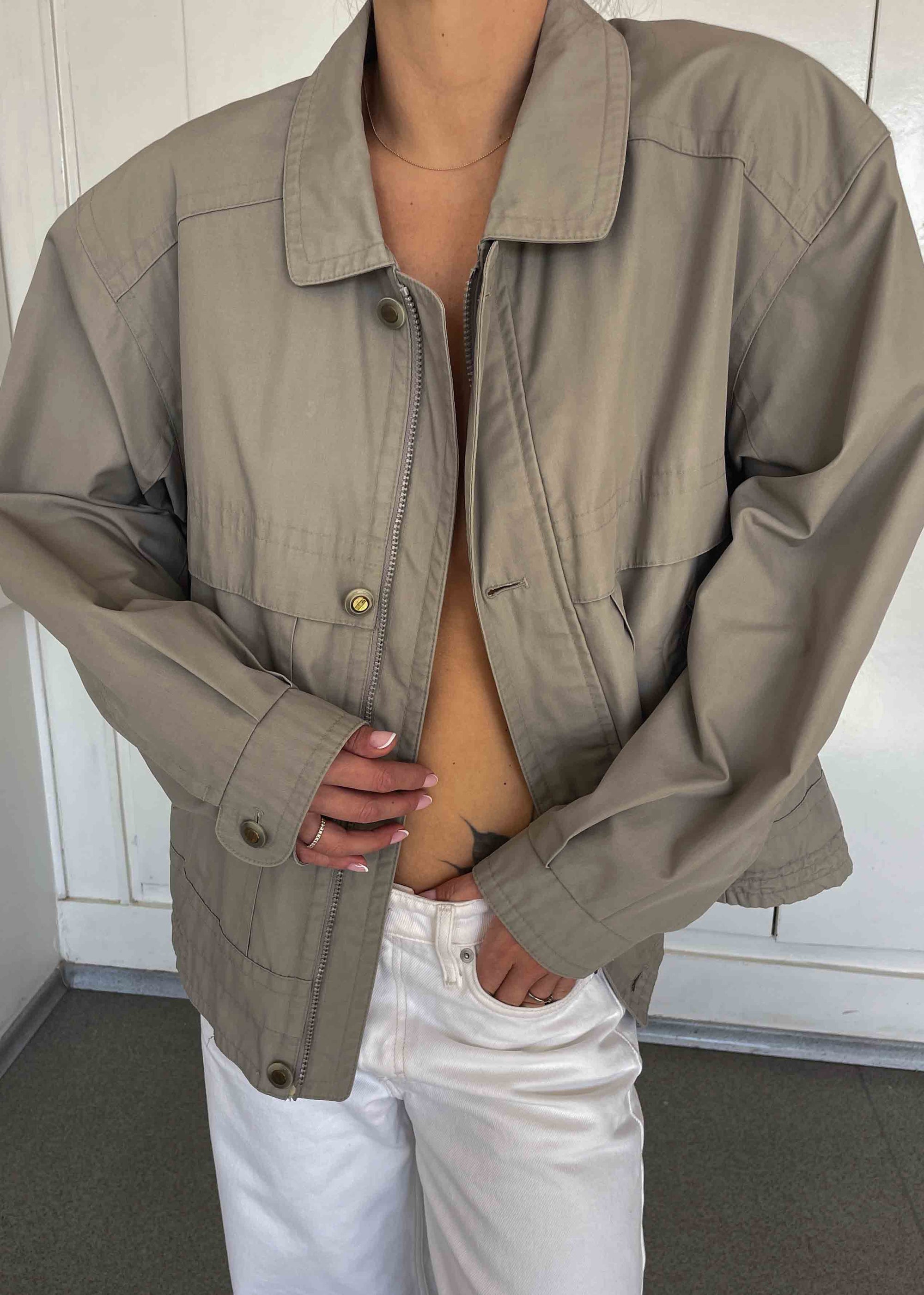 Vintage Grey Bomber Jacket – Zip & Buttons with Checkered Lining