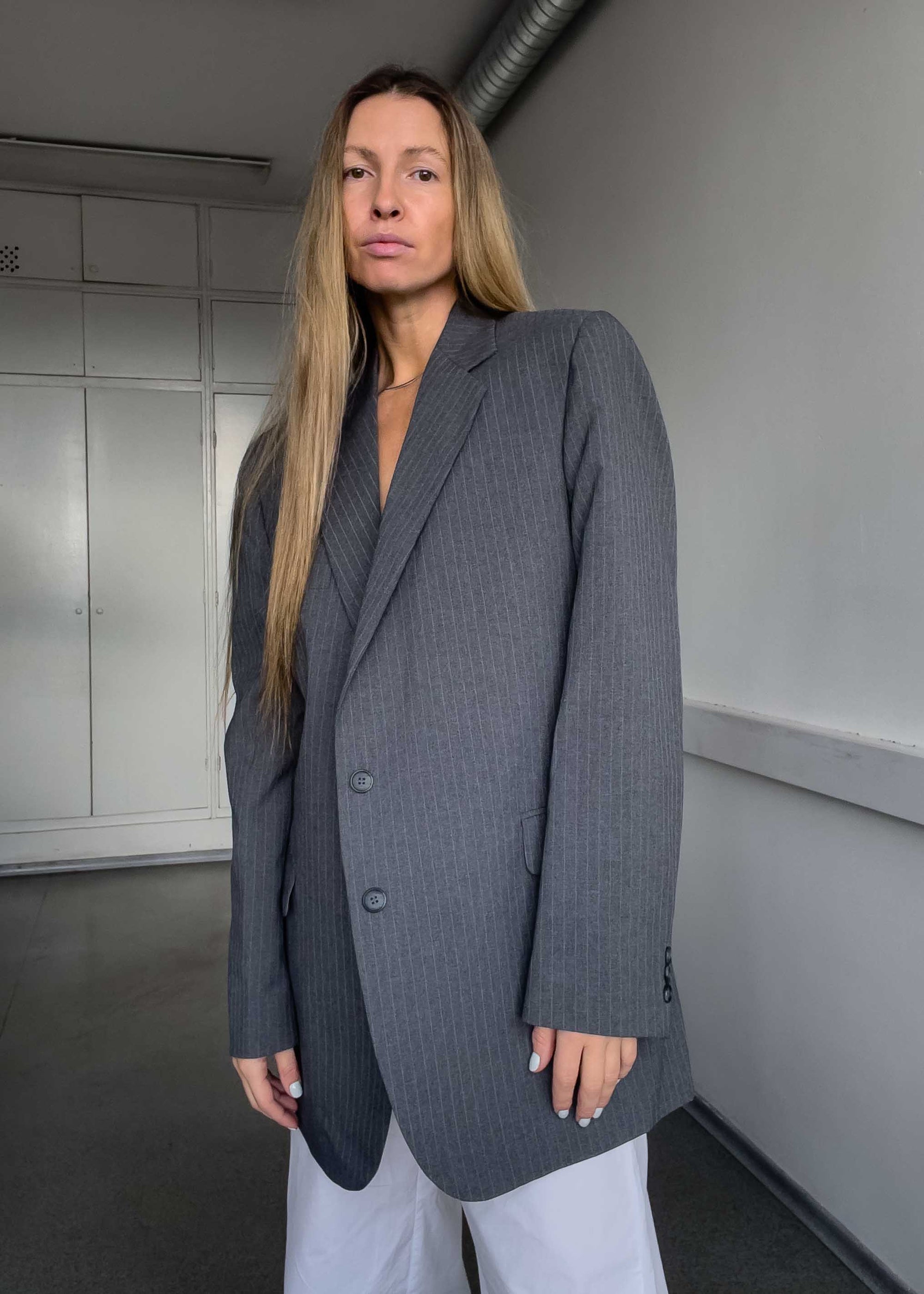 Vintage Light grey Pinstriped Oversized Blazer
