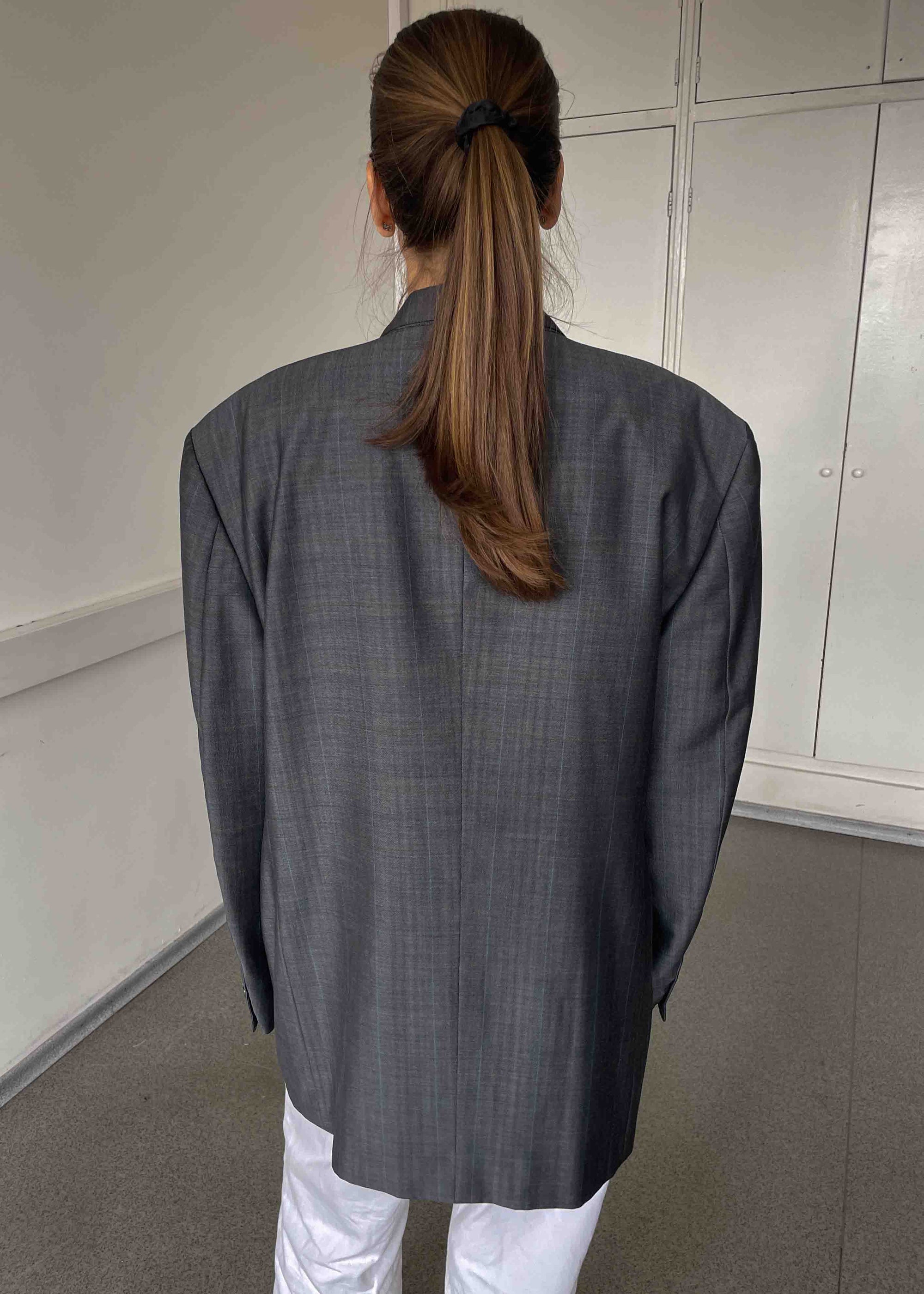 Vintage Grey Patterned Shiny Finish Oversized Blazer