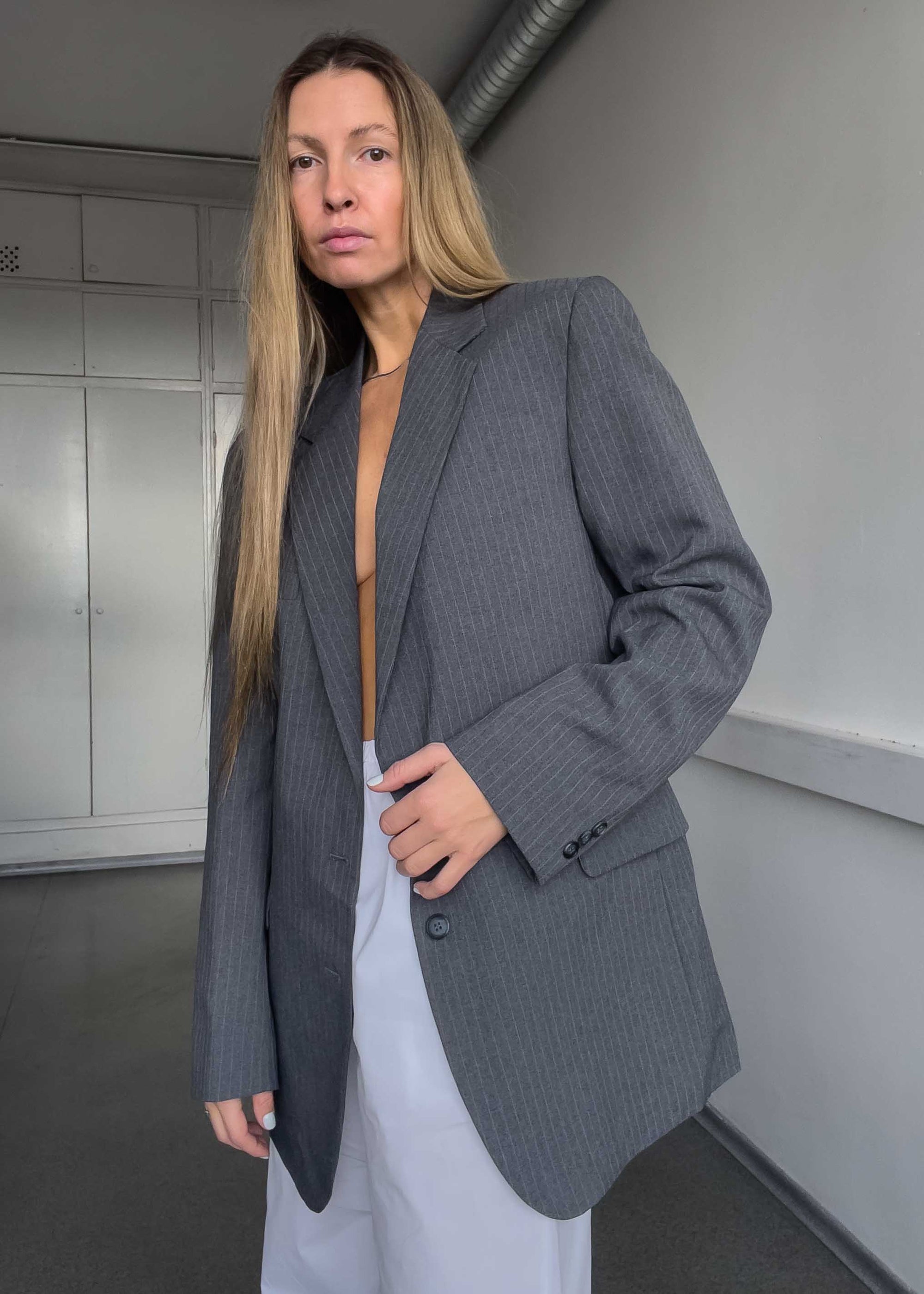 Vintage Light grey Pinstriped Oversized Blazer