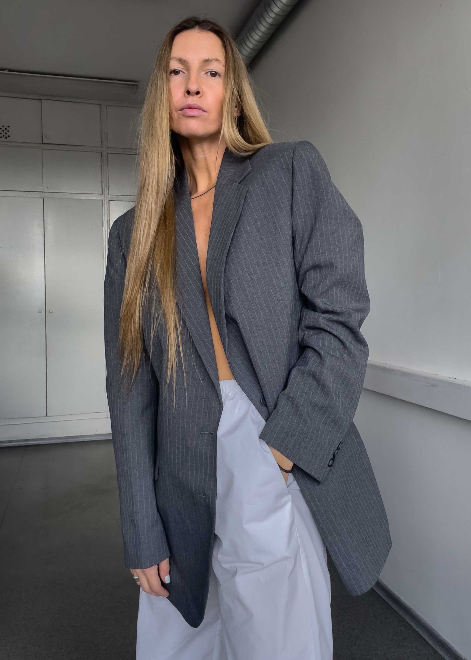 Vintage Light grey Pinstriped Oversized Blazer