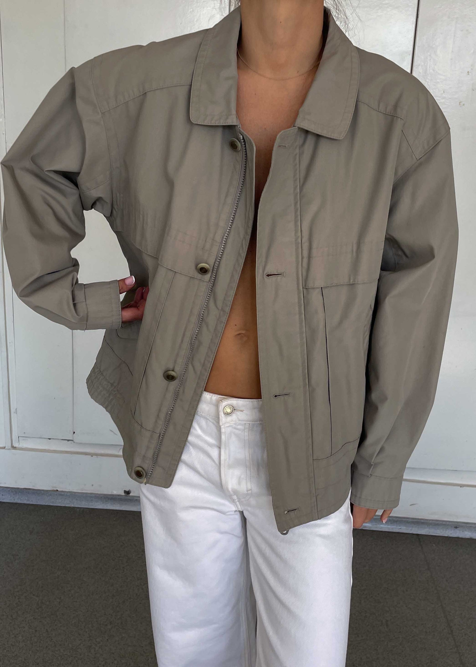 Vintage Grey Bomber Jacket – Zip & Buttons with Checkered Lining