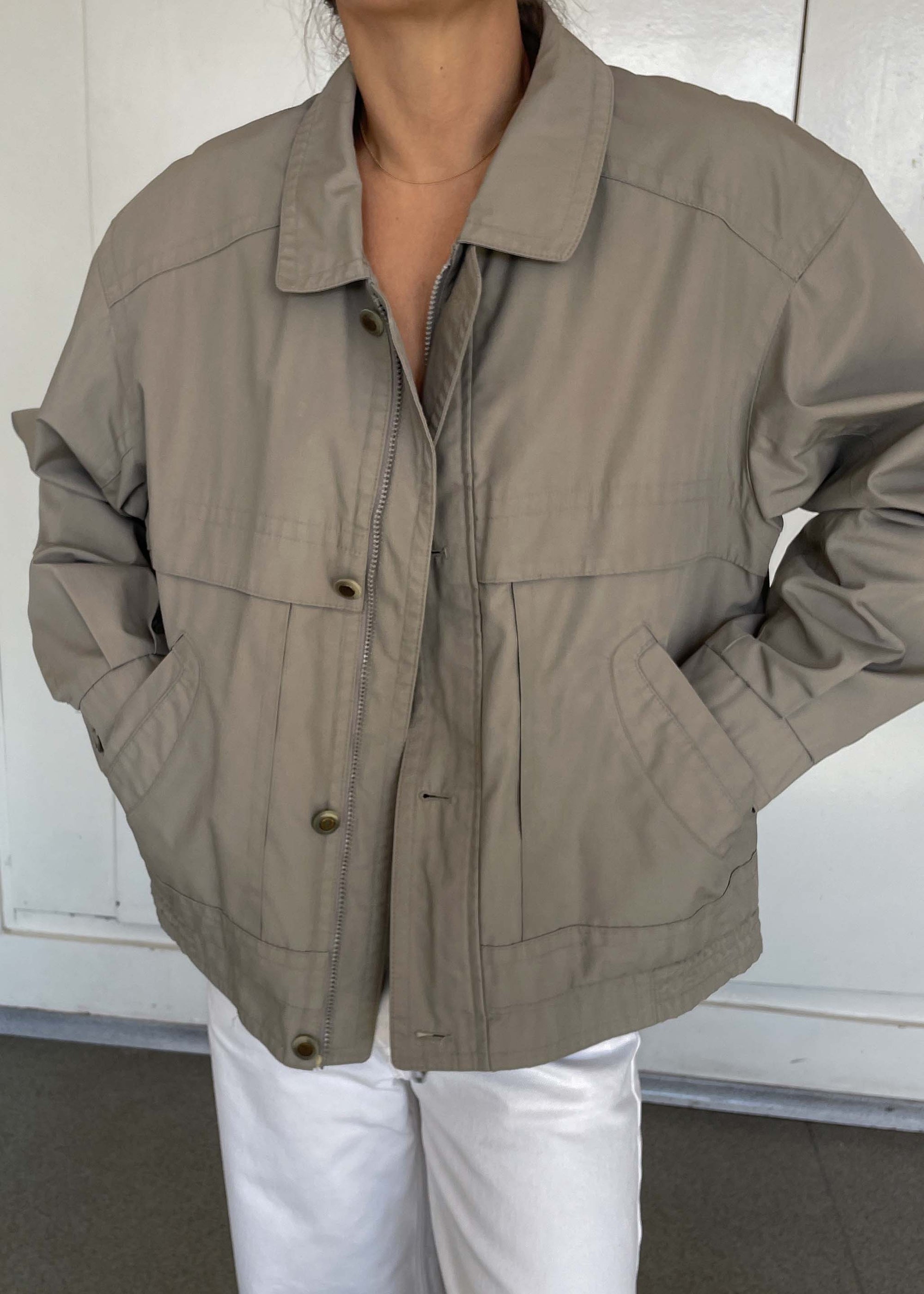 Vintage Grey Bomber Jacket – Zip & Buttons with Checkered Lining