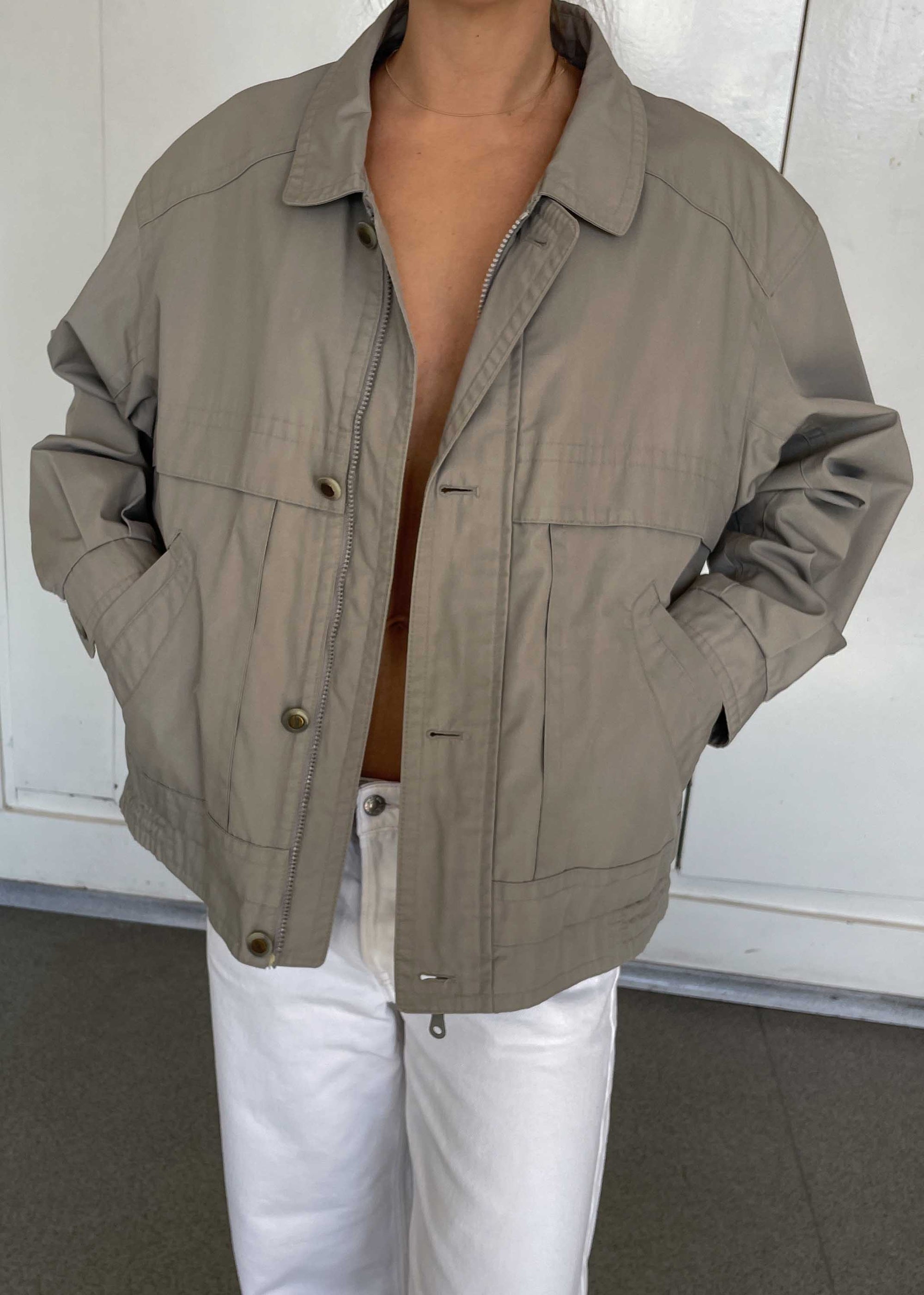 Vintage Grey Bomber Jacket – Zip & Buttons with Checkered Lining