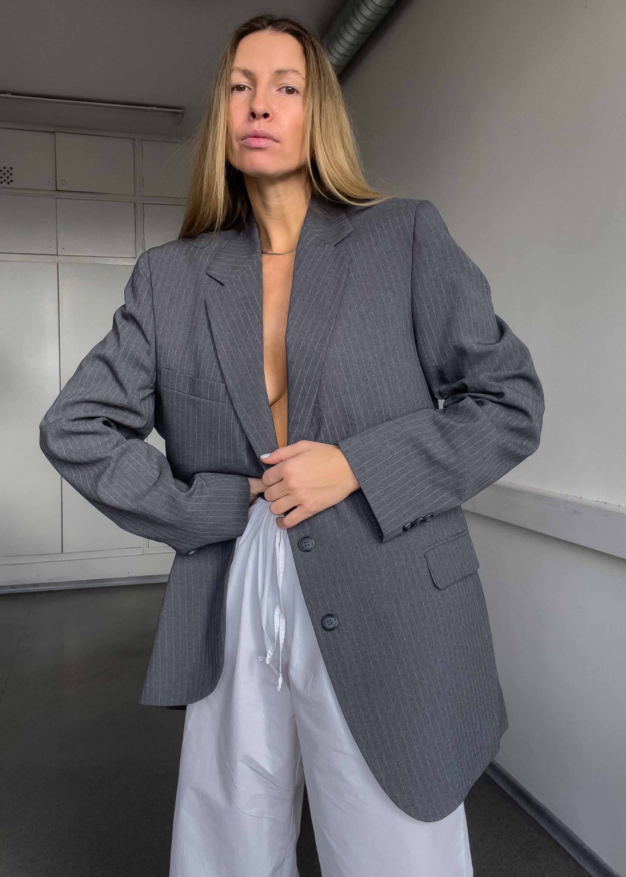 Vintage Light grey Pinstriped Oversized Blazer