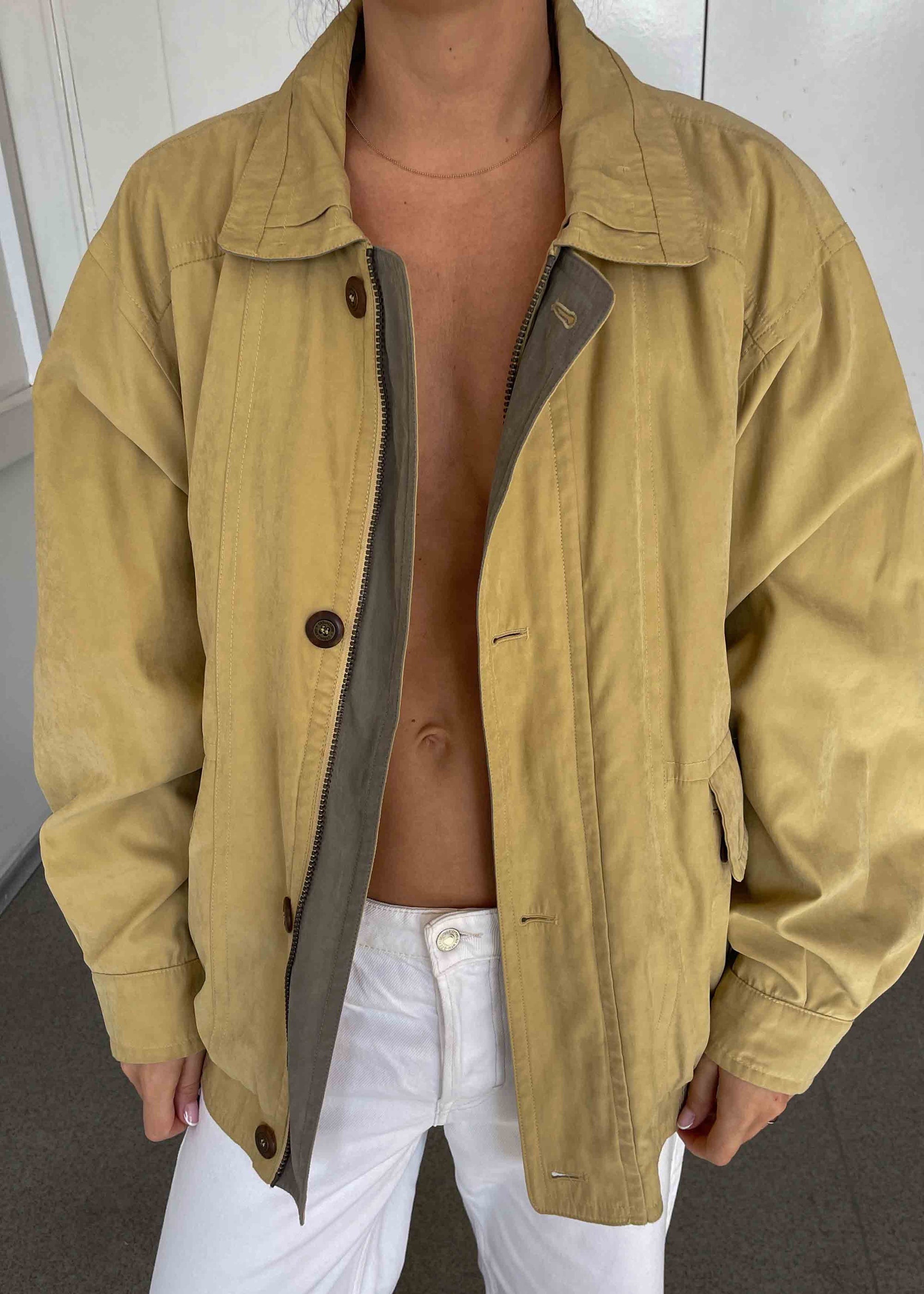 Vintage Yellow Bomber Jacket – Zip & Buttons with Striped Lining