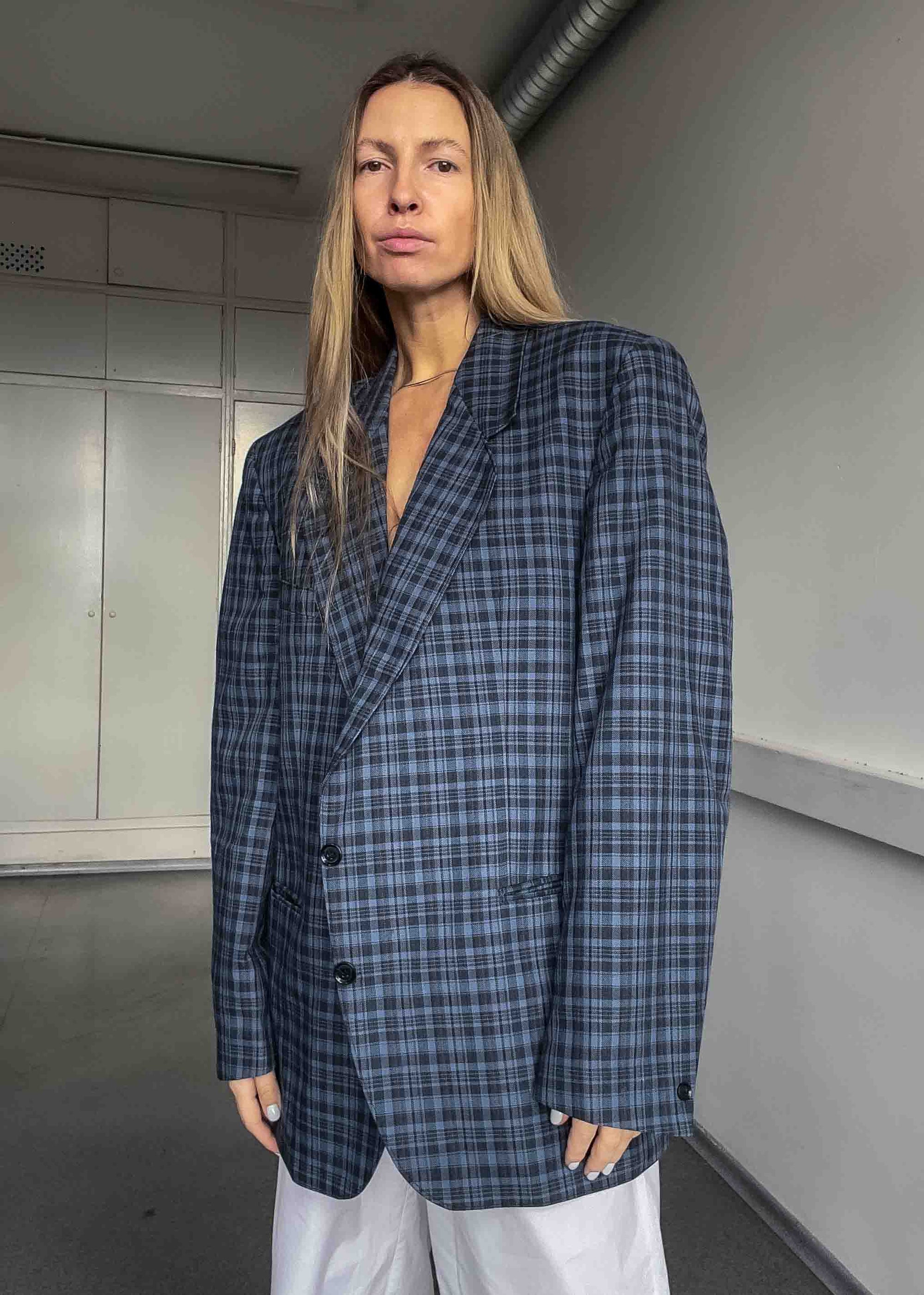 Vintage Blue Checked Oversized Blazer