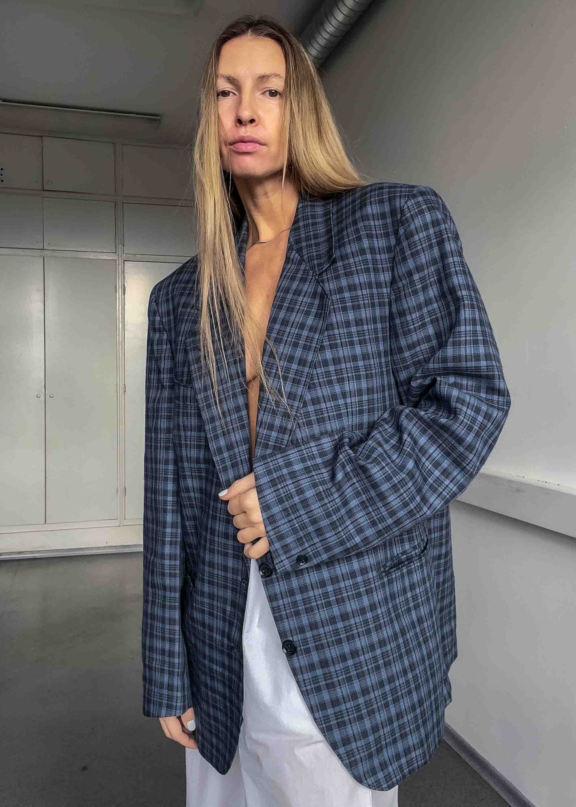 Vintage Blue Checked Oversized Blazer