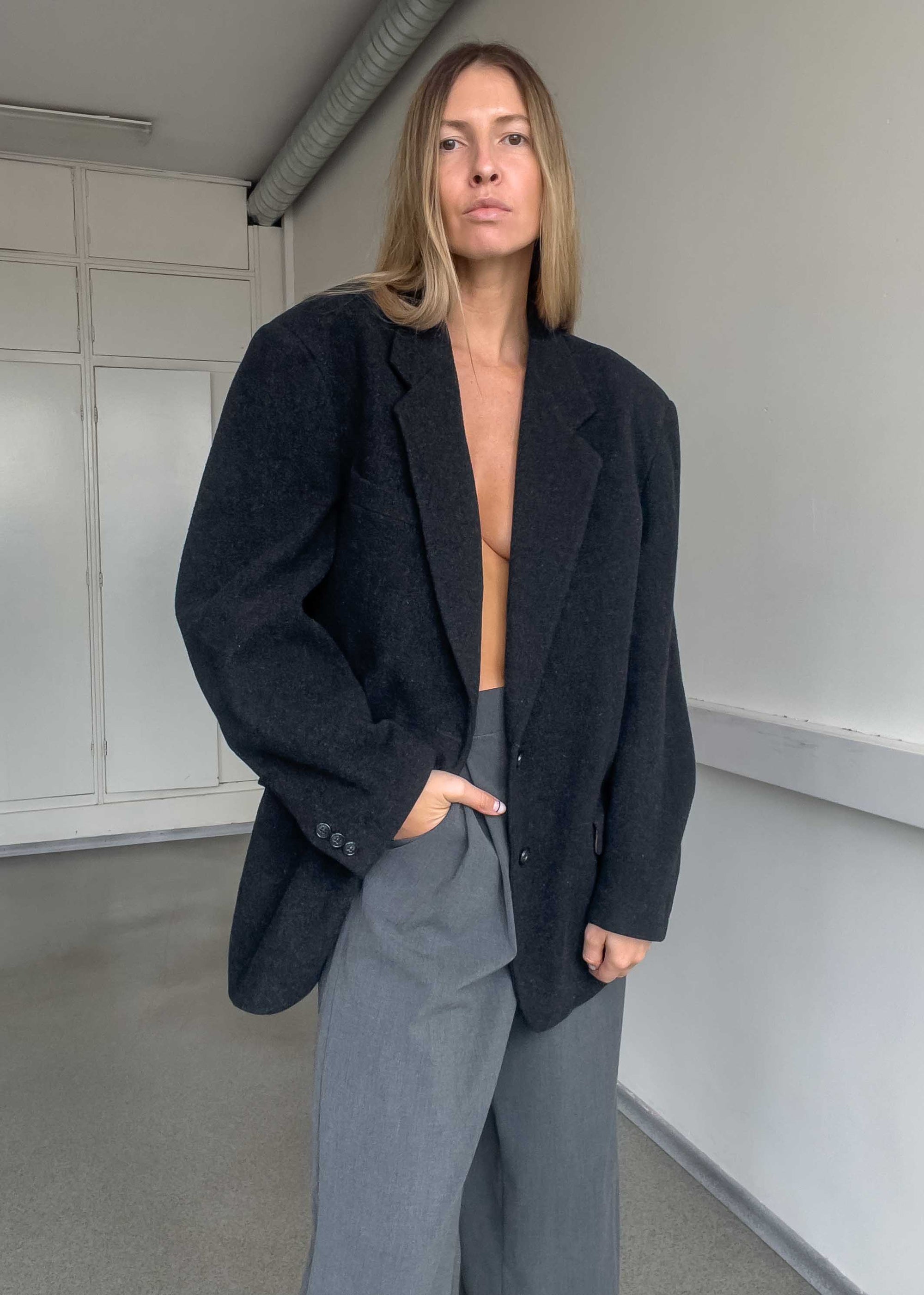 Vintage Grey Brushed Wool Oversized Blazer