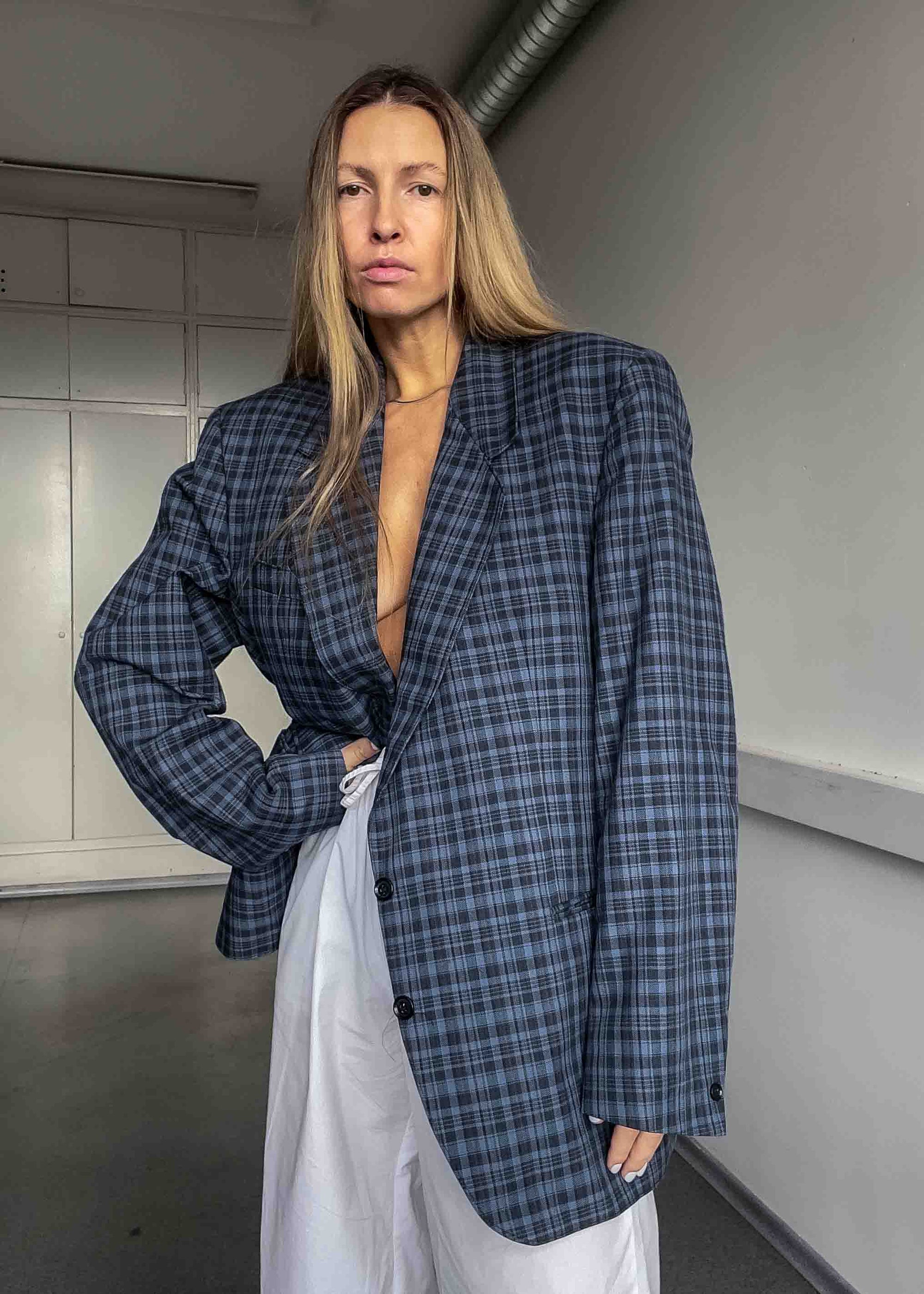 Vintage Blue Checked Oversized Blazer