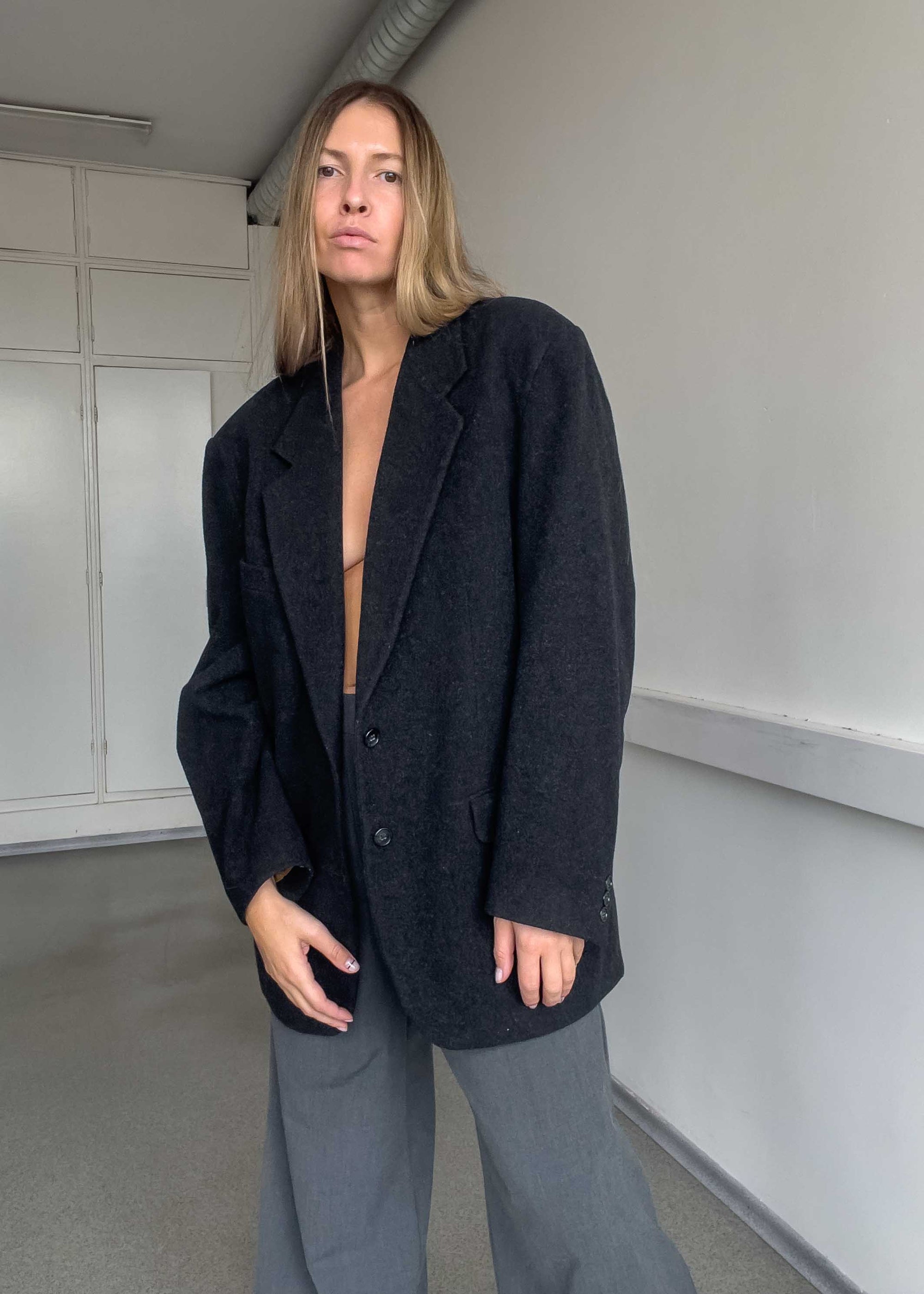 Vintage Grey Brushed Wool Oversized Blazer