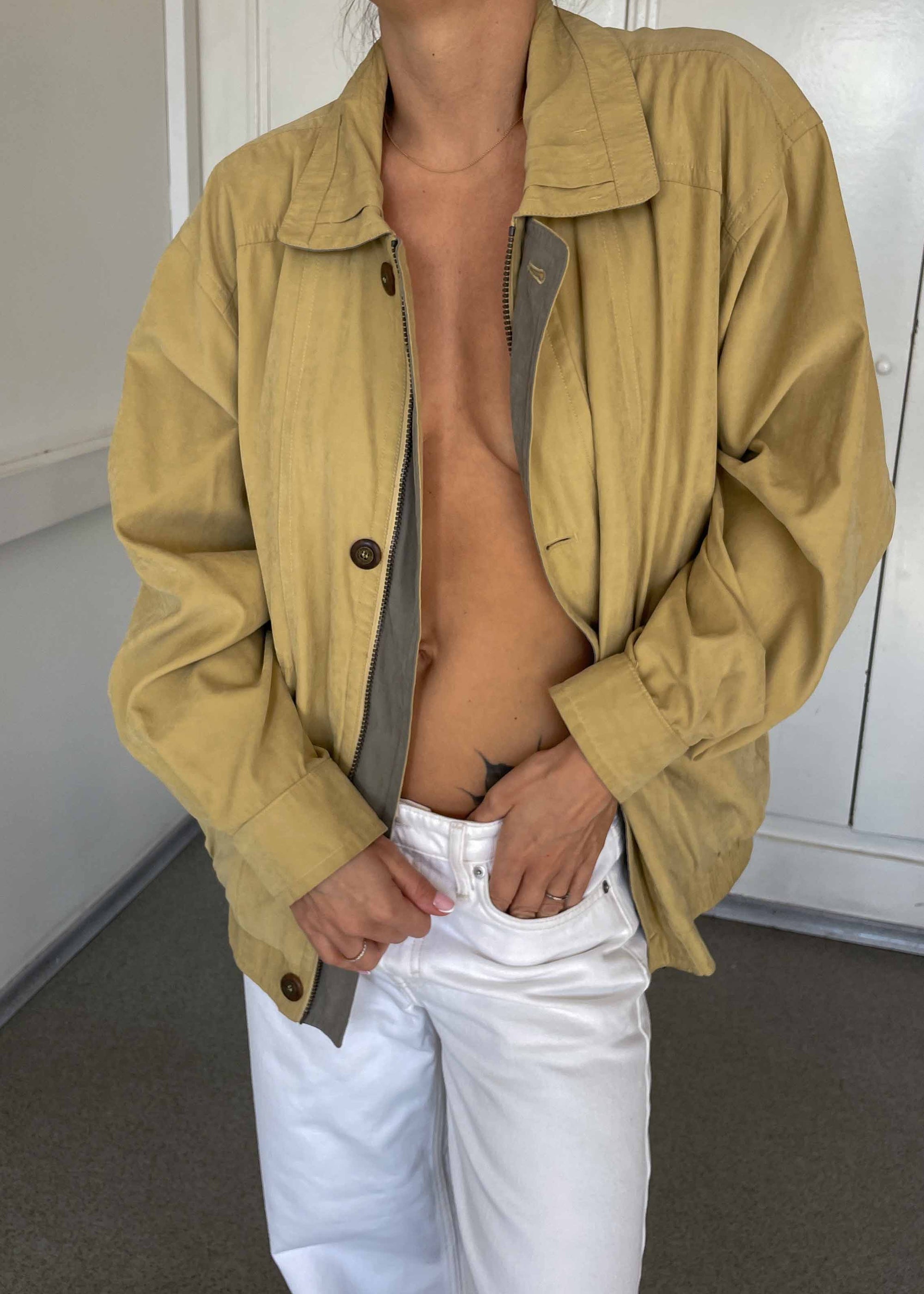 Vintage Yellow Bomber Jacket – Zip & Buttons with Striped Lining