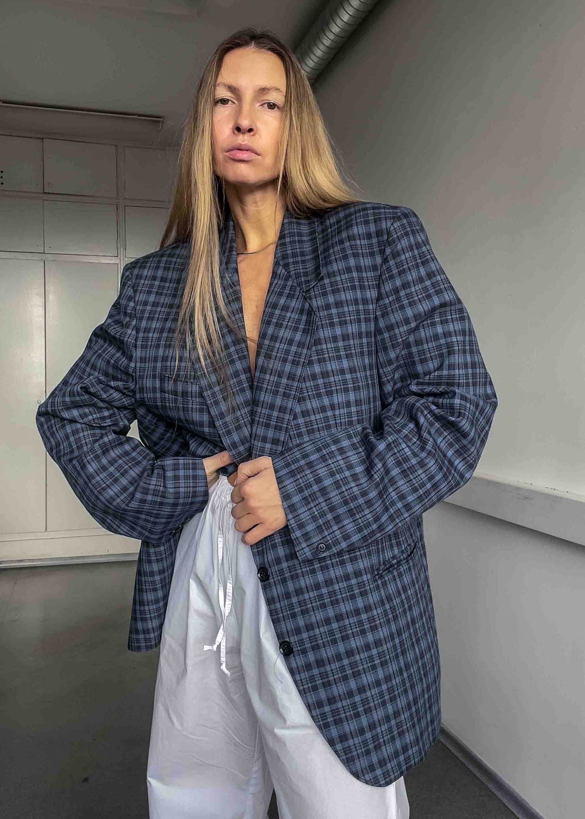 Vintage Blue Checked Oversized Blazer