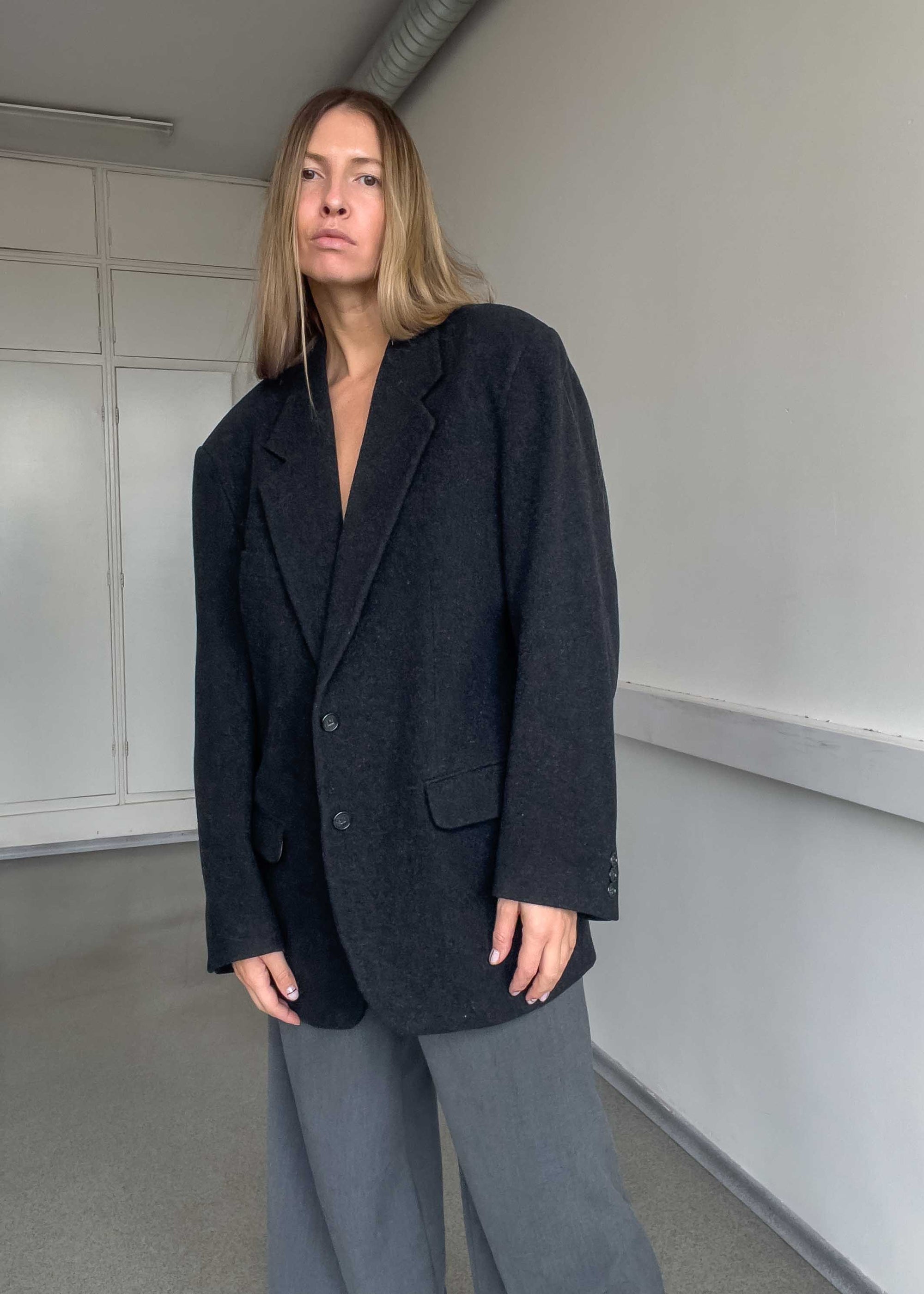 Vintage Grey Brushed Wool Oversized Blazer