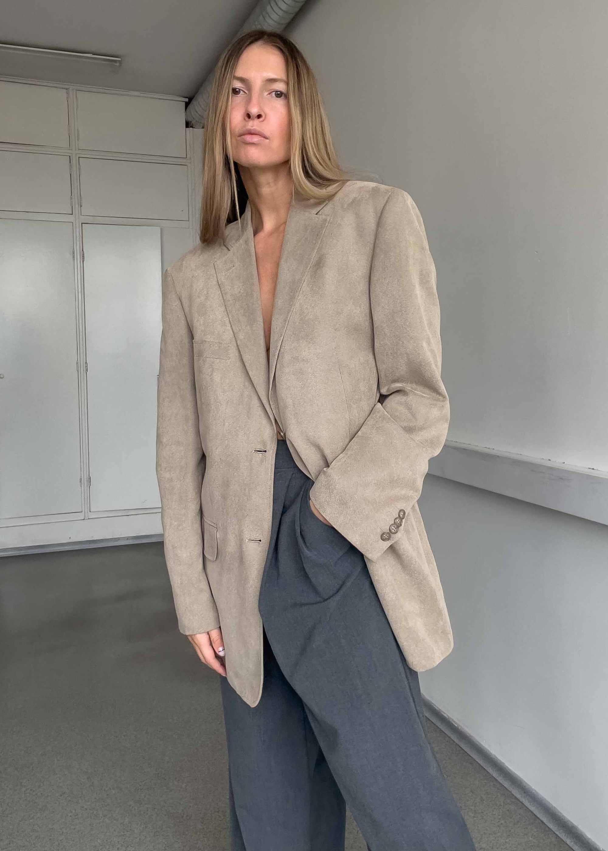 Vintage Grey Oversized Velvet Blazer