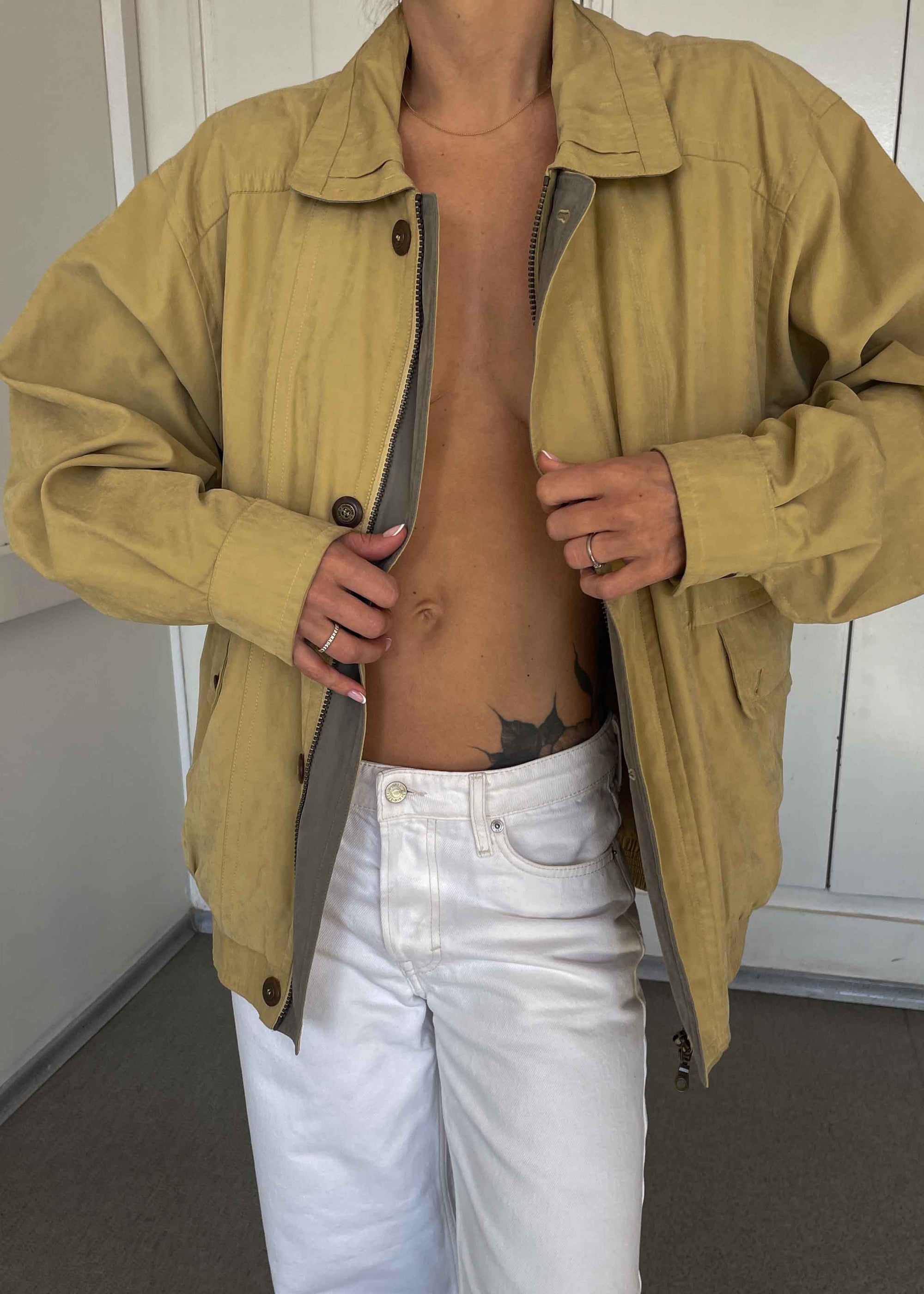 Vintage Yellow Bomber Jacket – Zip & Buttons with Striped Lining