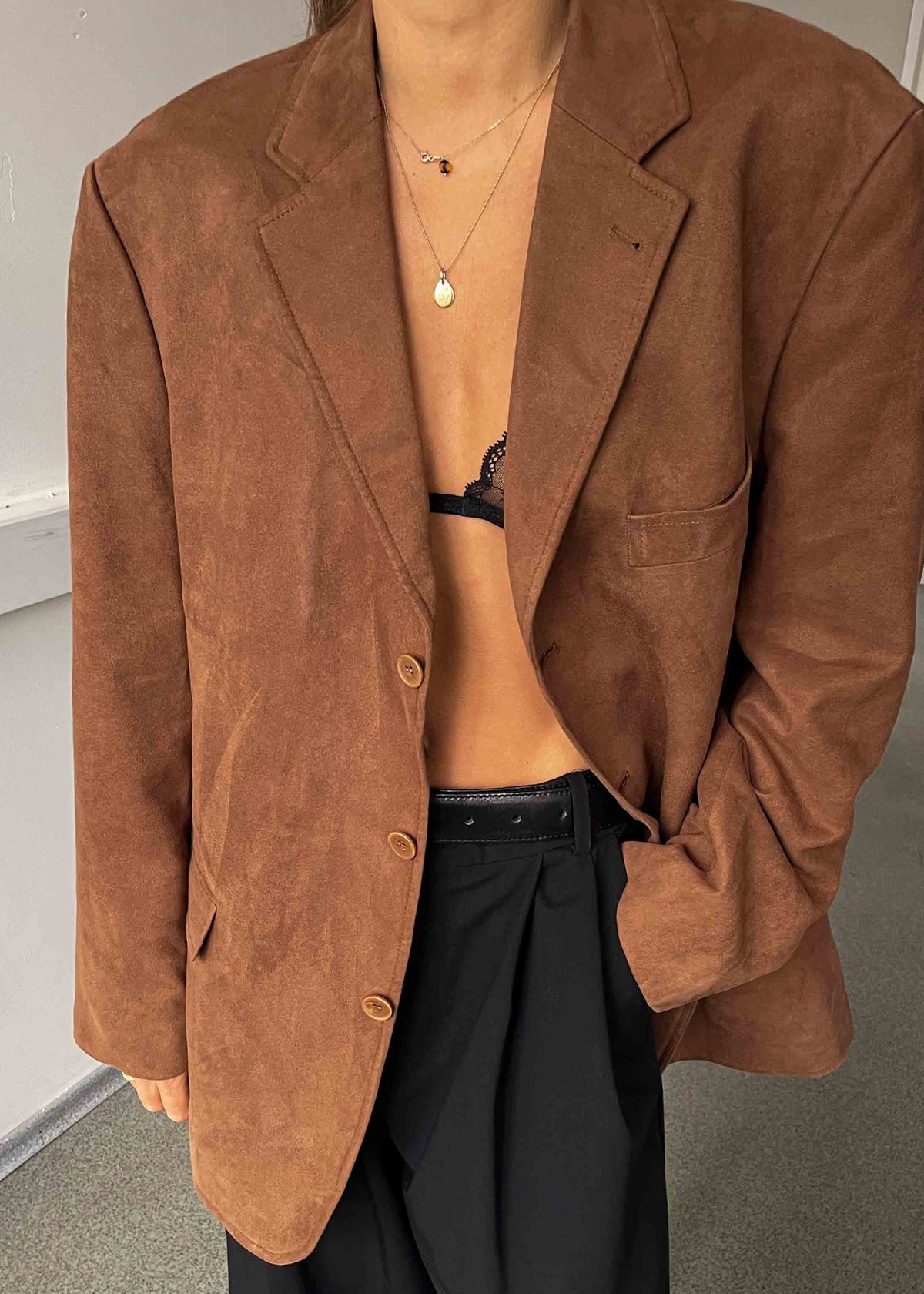Vintage Brown Oversized Faux Suede Blazer