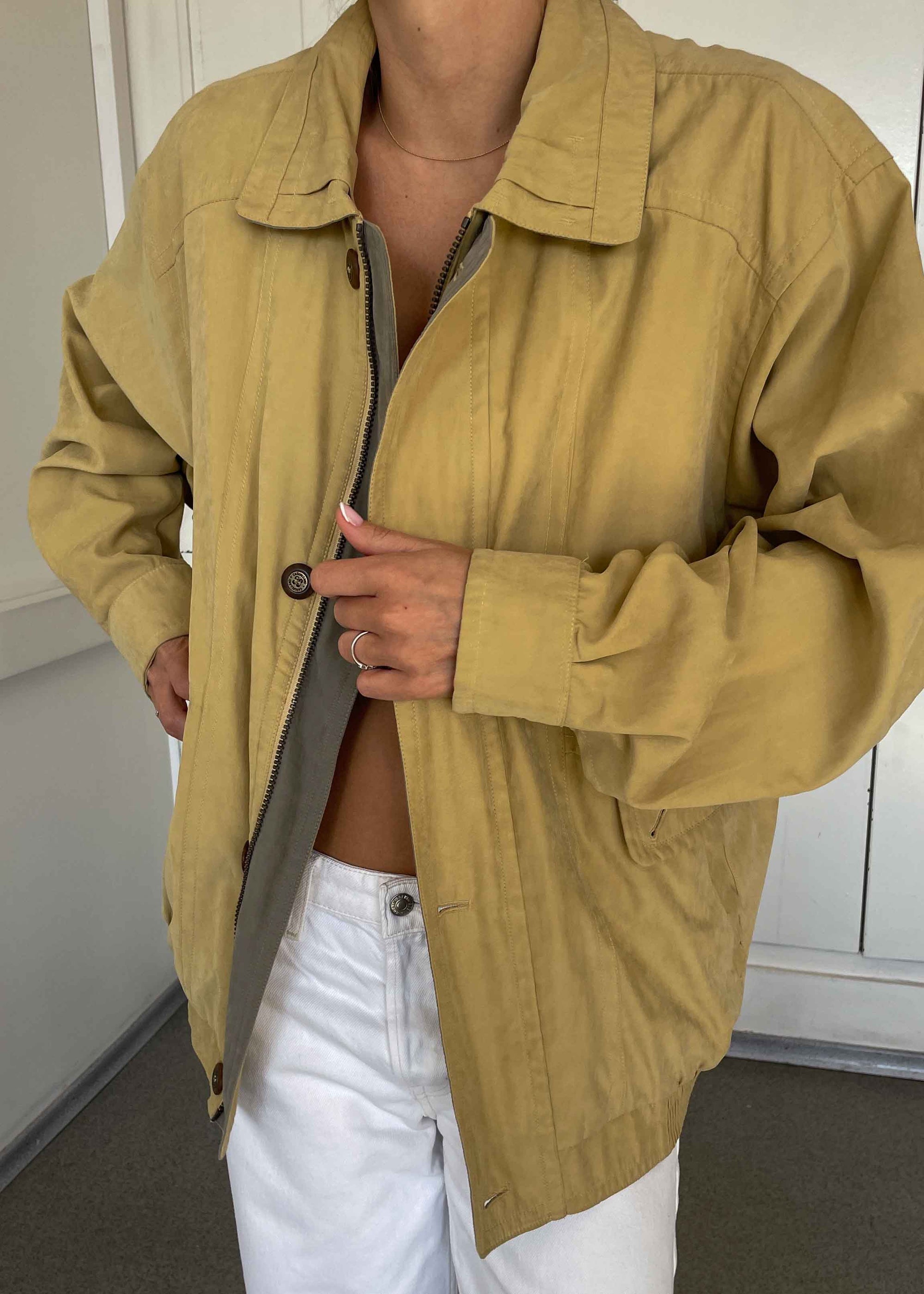 Vintage Yellow Bomber Jacket – Zip & Buttons with Striped Lining
