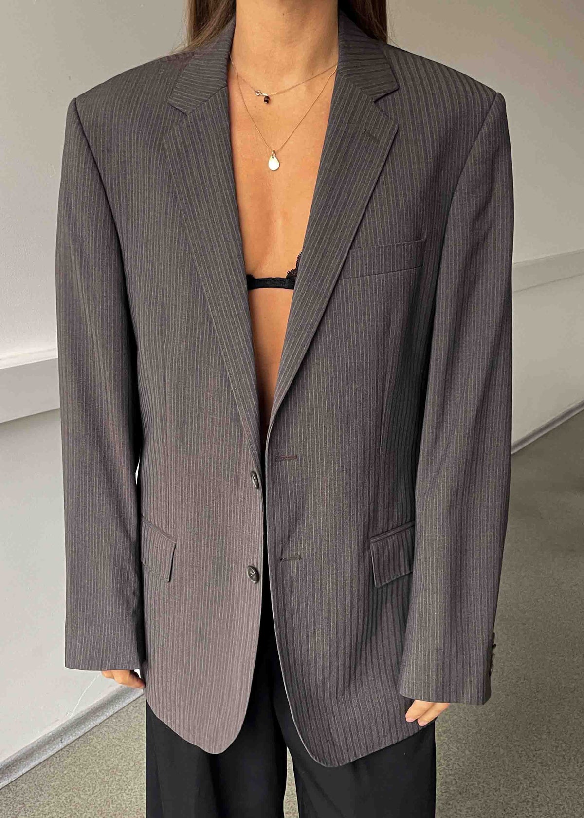 Vintage Warm Grey Stripped Oversized Blazer