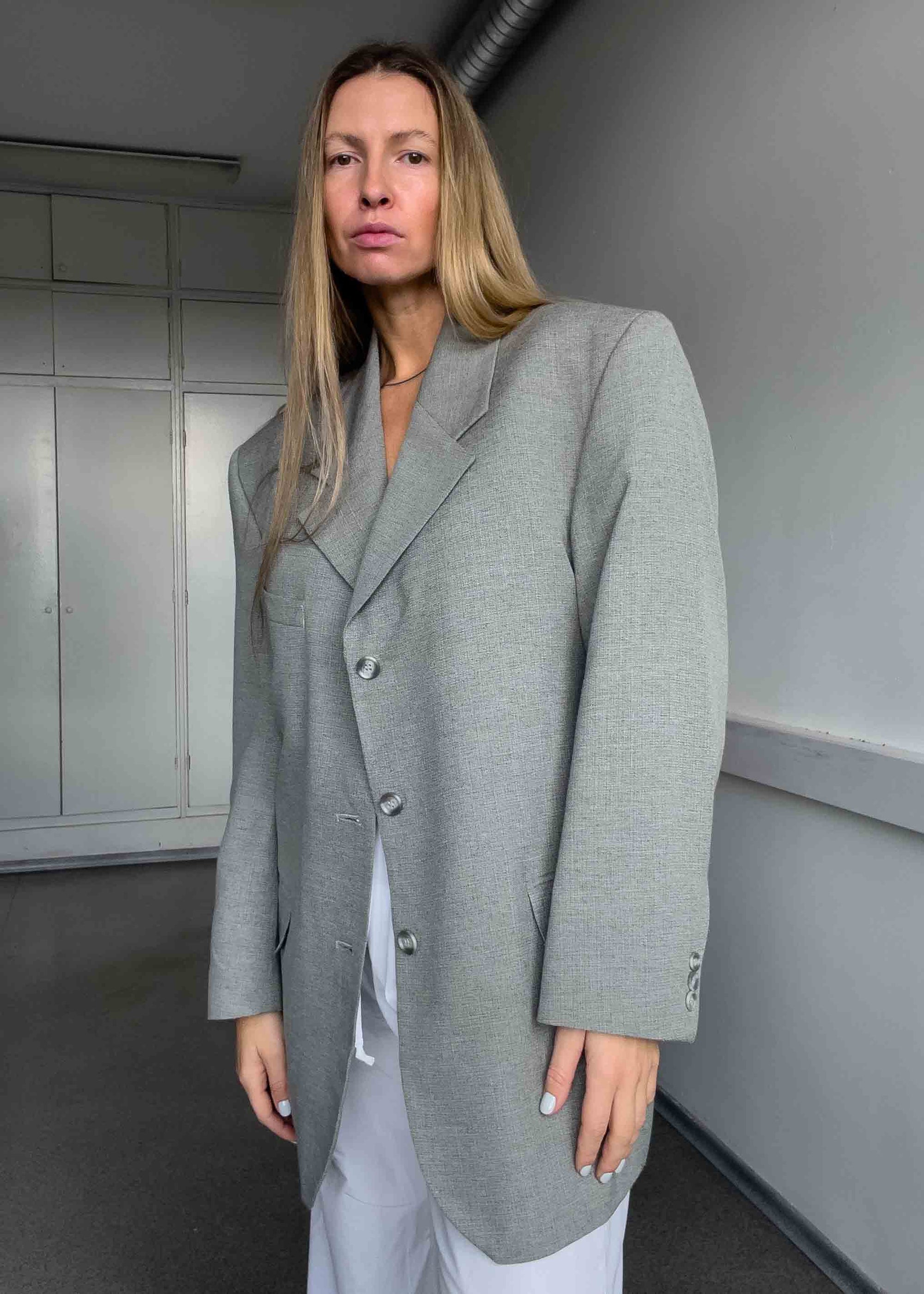 Vintage Light Grey Patterned Oversized Blazer