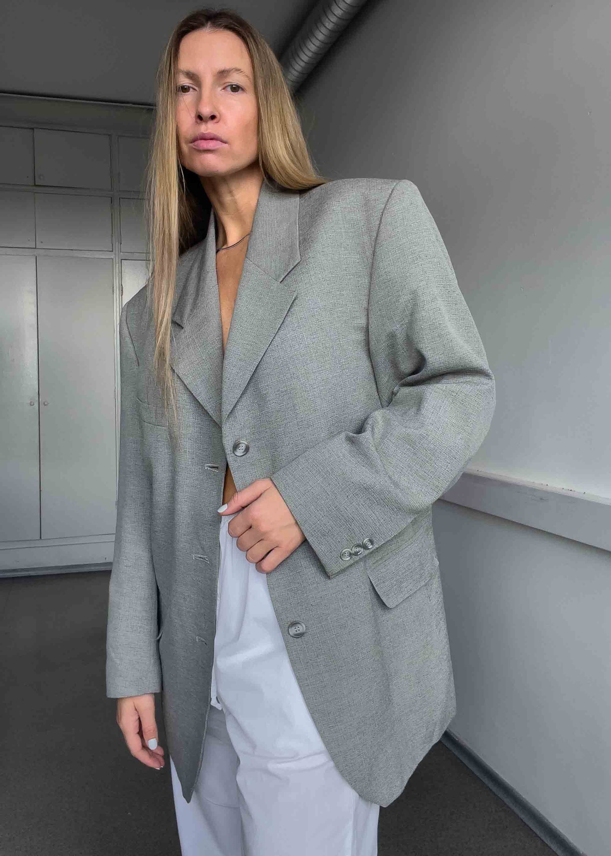 Vintage Light Grey Patterned Oversized Blazer