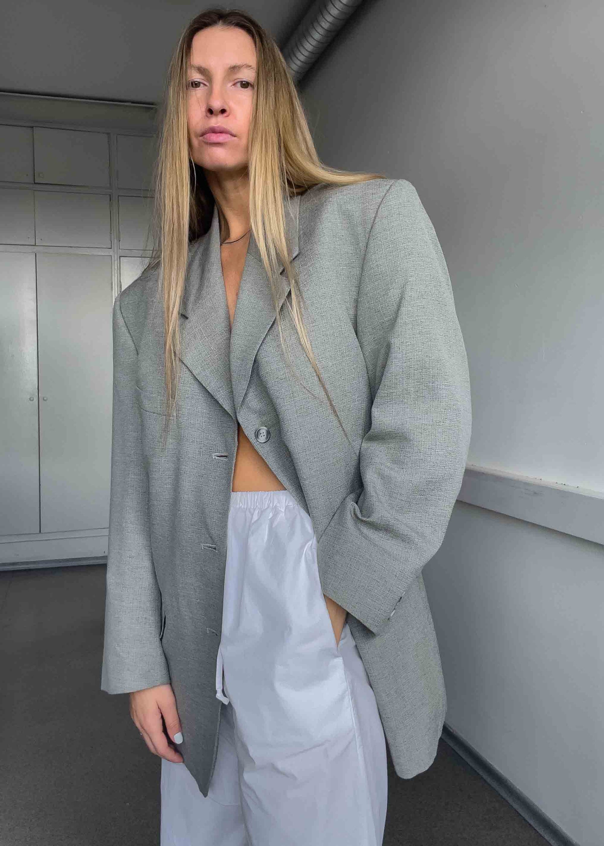 Vintage Light Grey Patterned Oversized Blazer